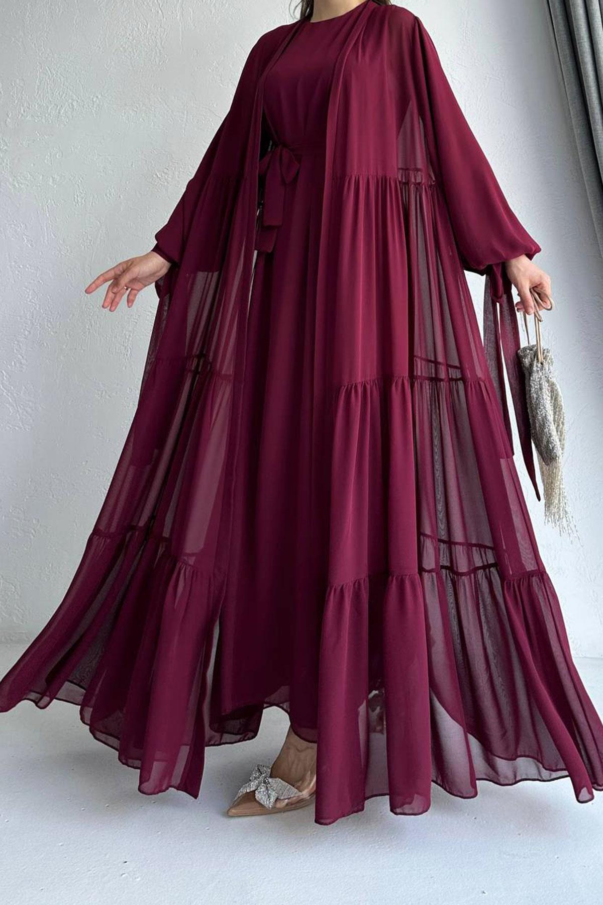 Hena Premium Şifon Abaya Takım – Bordo