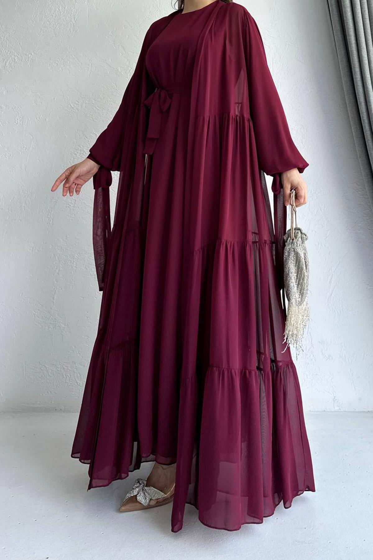 Hena Premium Şifon Abaya Takım – Bordo