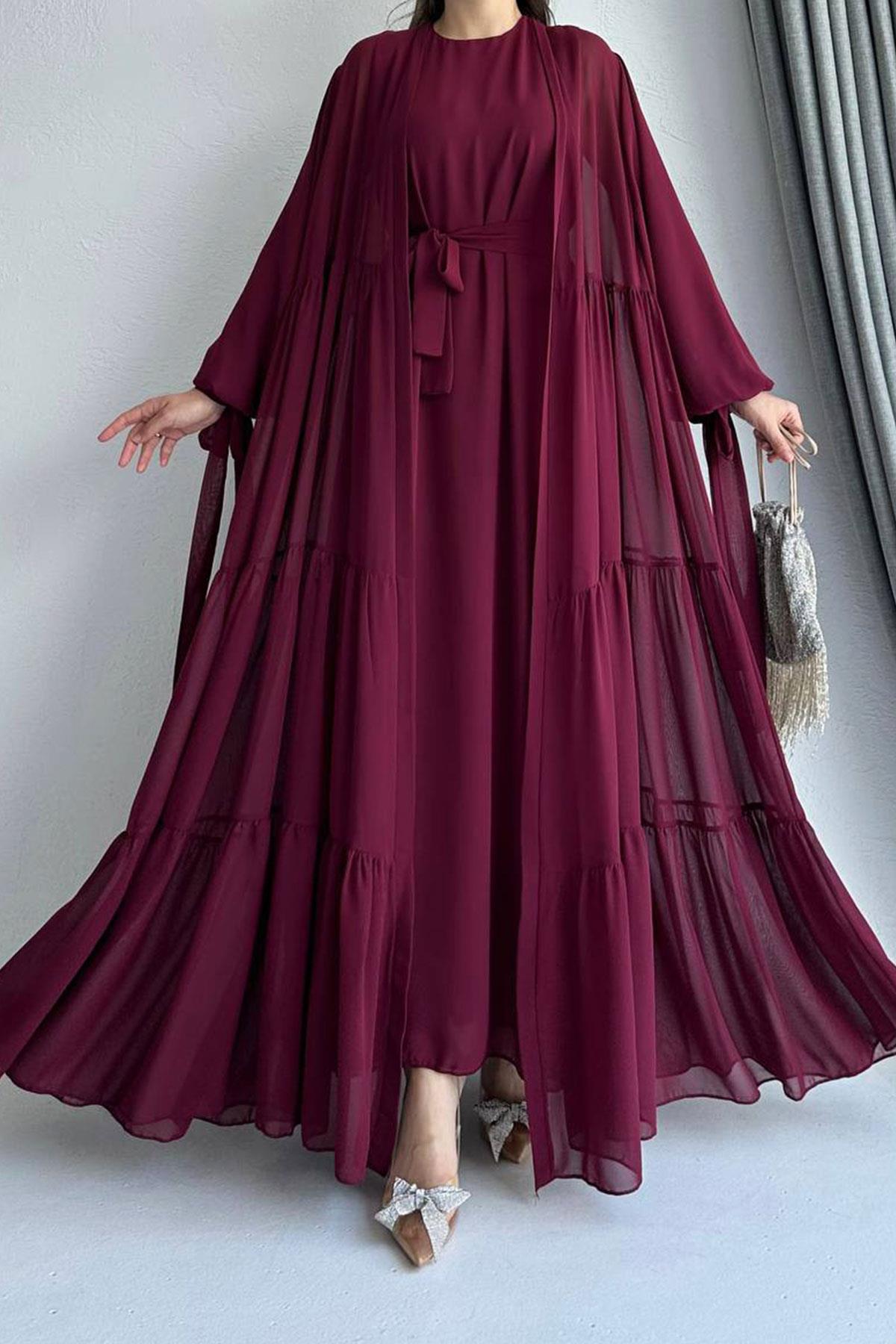 Hena Premium Şifon Abaya Takım – Bordo