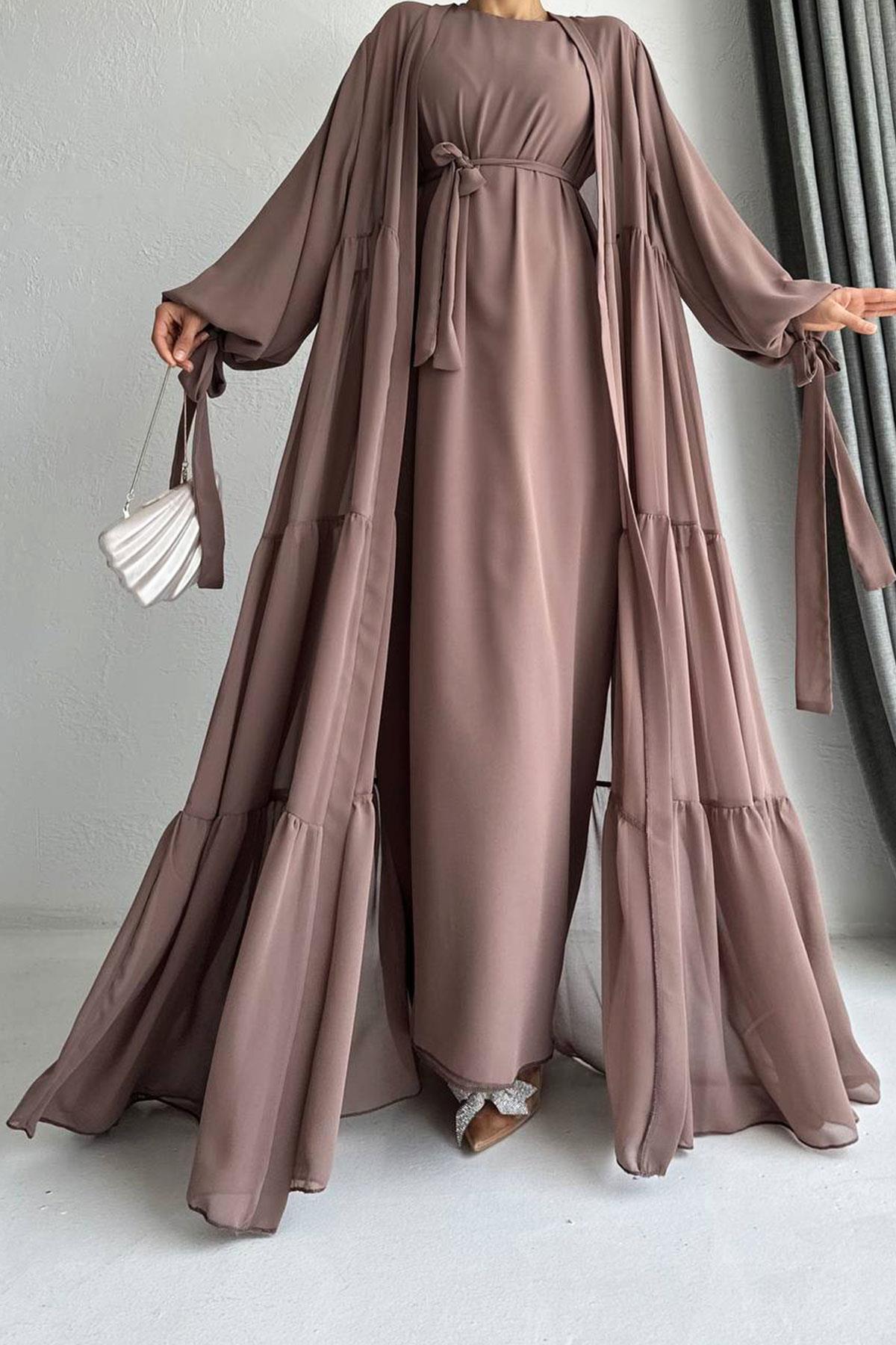 Hena Premium Şifon Abaya Takım – Kahverengi