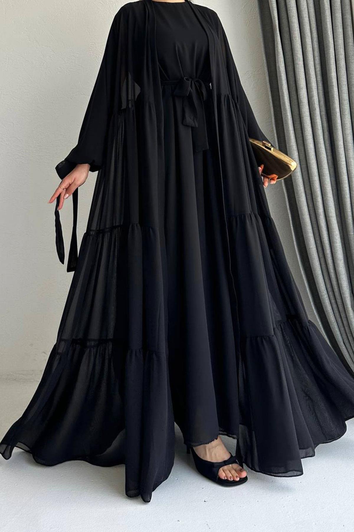 Hena Premium Şifon Abaya Takım – Siyah