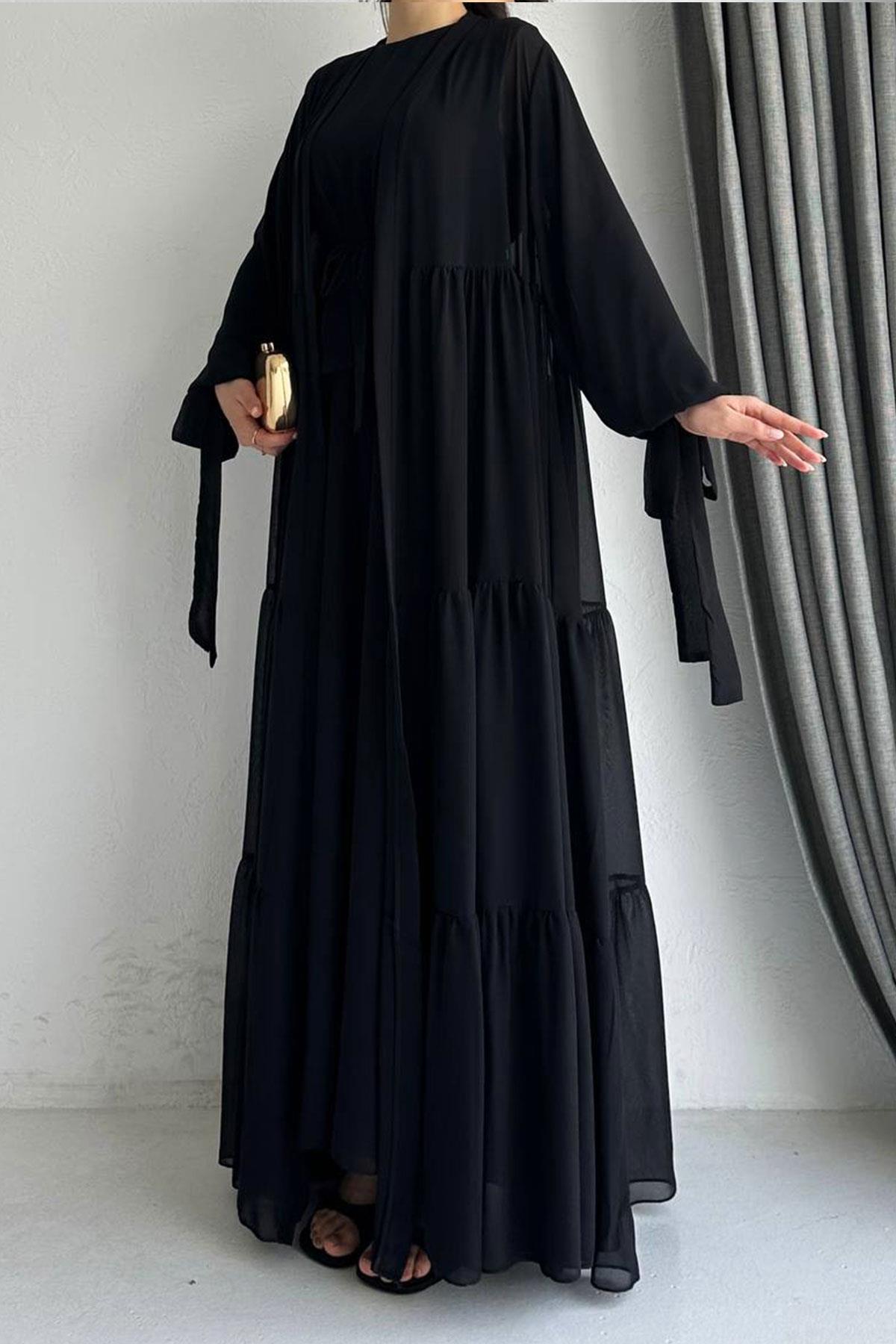 Hena Premium Şifon Abaya Takım – Siyah