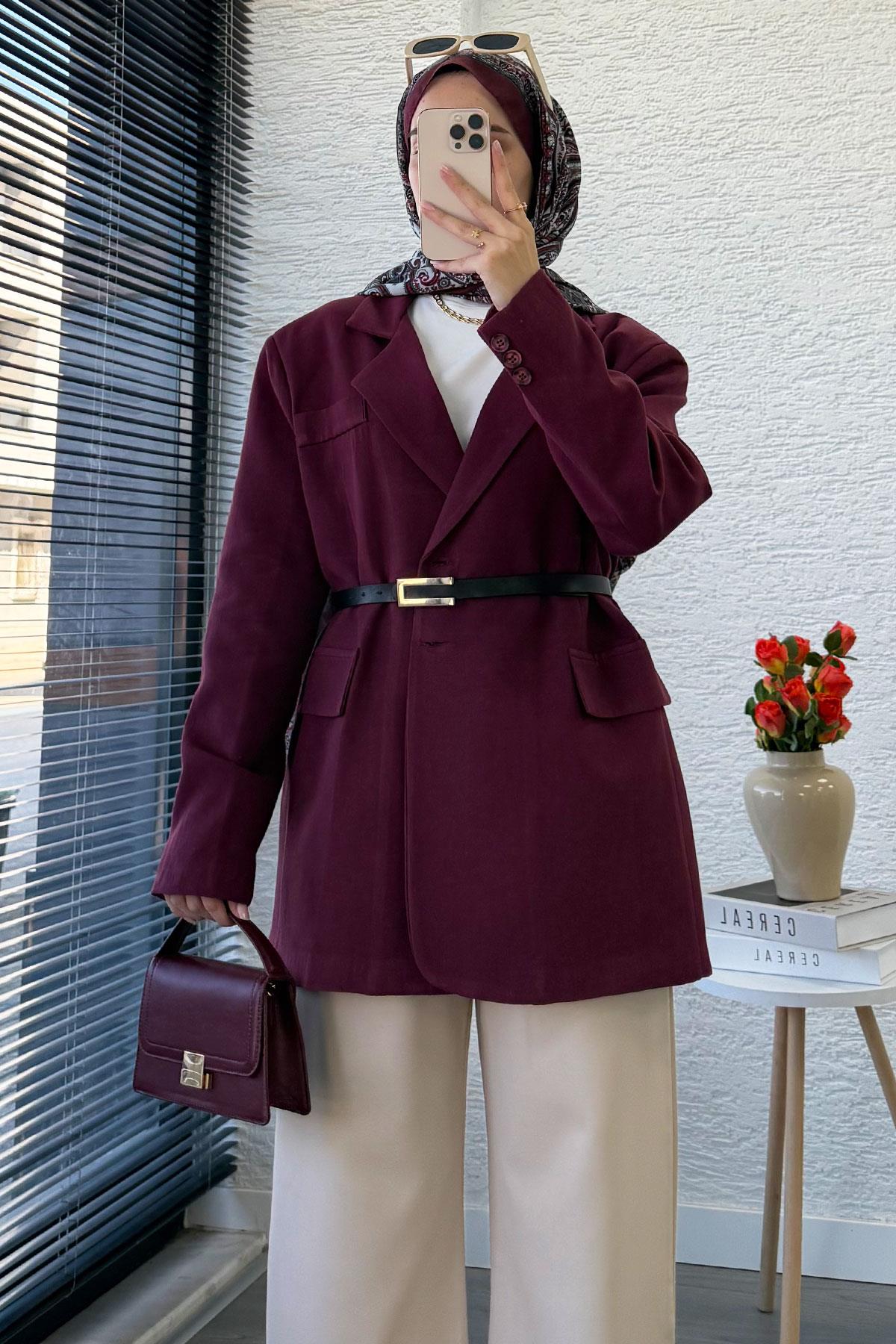İki Düğmeli Keten Blazer Kadın Ceket - Bordo