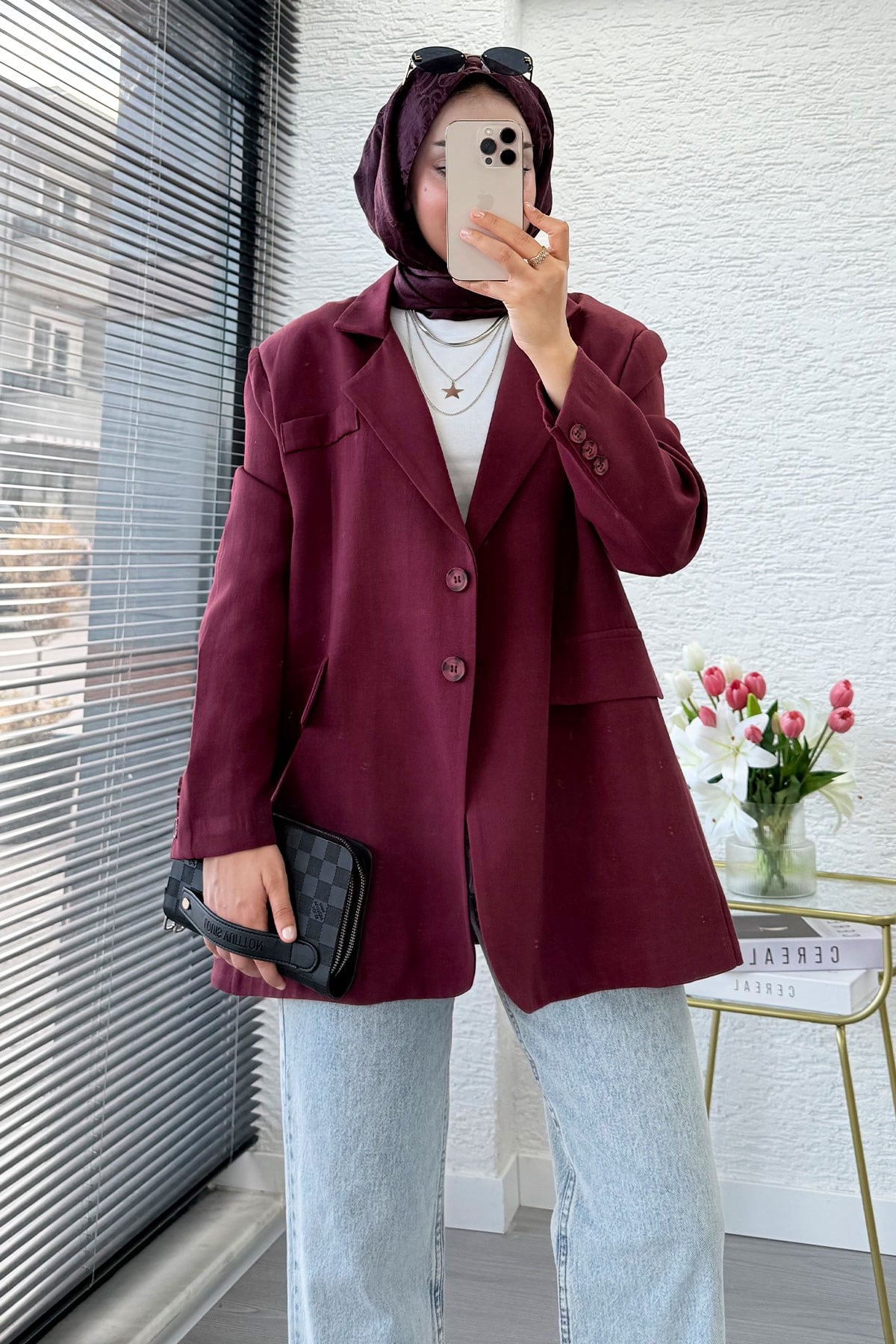 İki Düğmeli Keten Blazer Kadın Ceket - Bordo