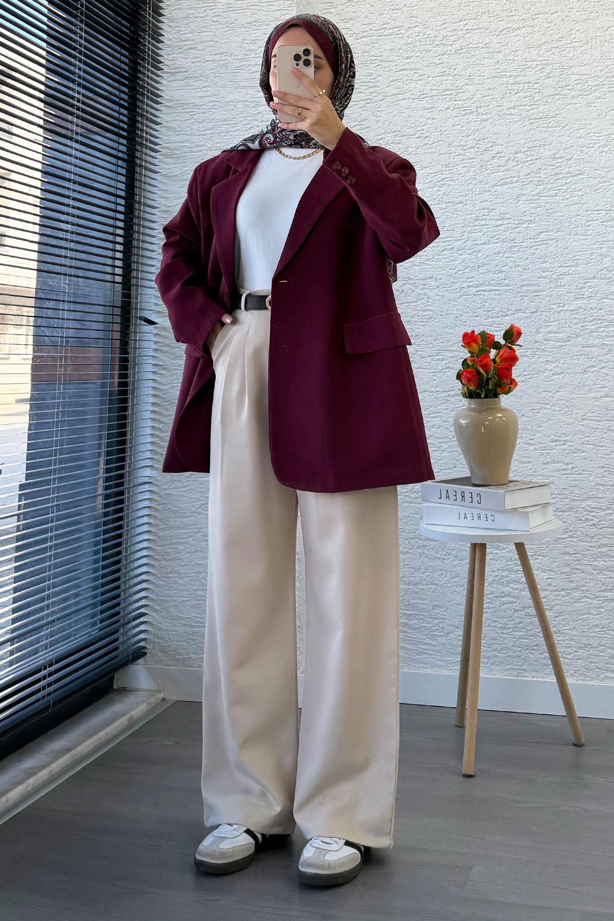 İki Düğmeli Keten Blazer Kadın Ceket - Bordo