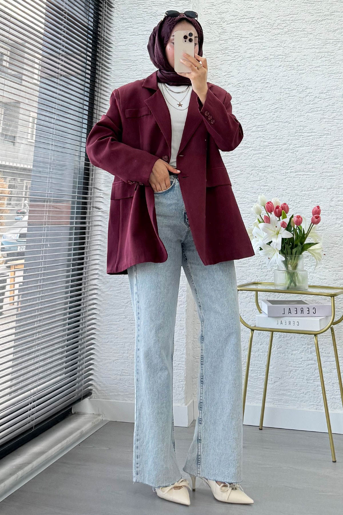 İki Düğmeli Keten Blazer Kadın Ceket - Bordo