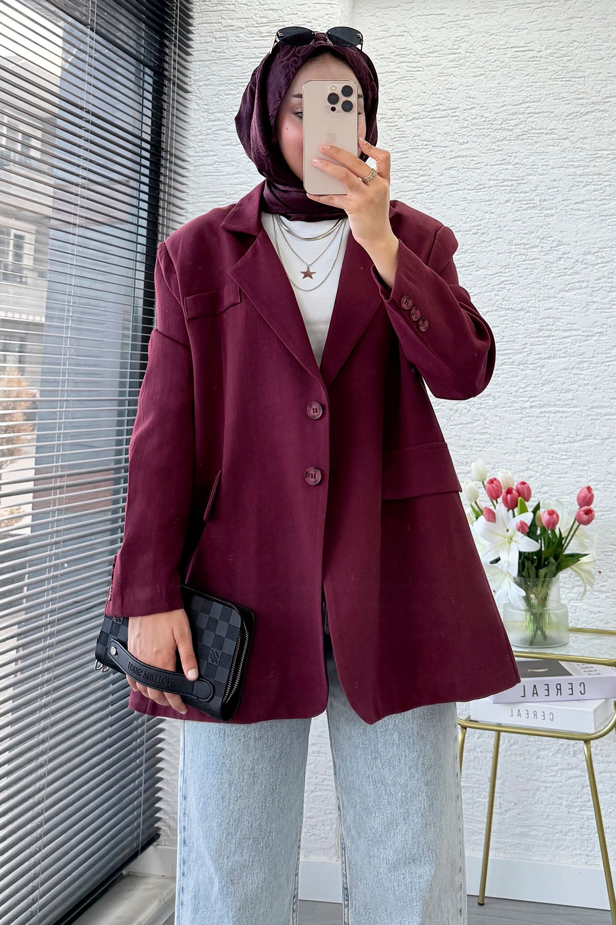 İki Düğmeli Keten Blazer Kadın Ceket - Bordo