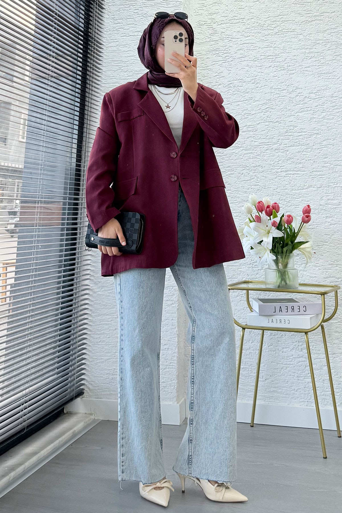 İki Düğmeli Keten Blazer Kadın Ceket - Bordo