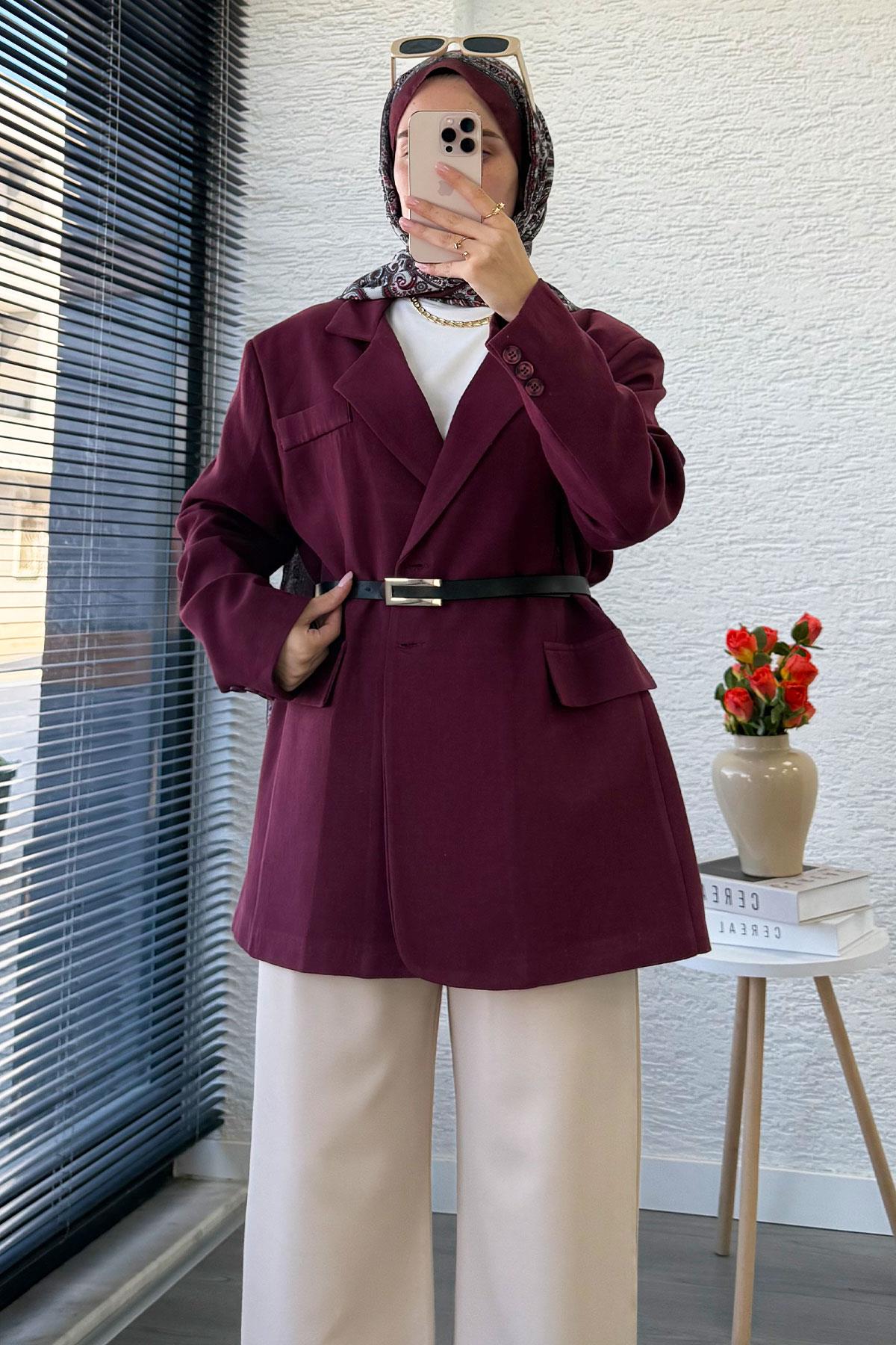 İki Düğmeli Keten Blazer Kadın Ceket - Bordo