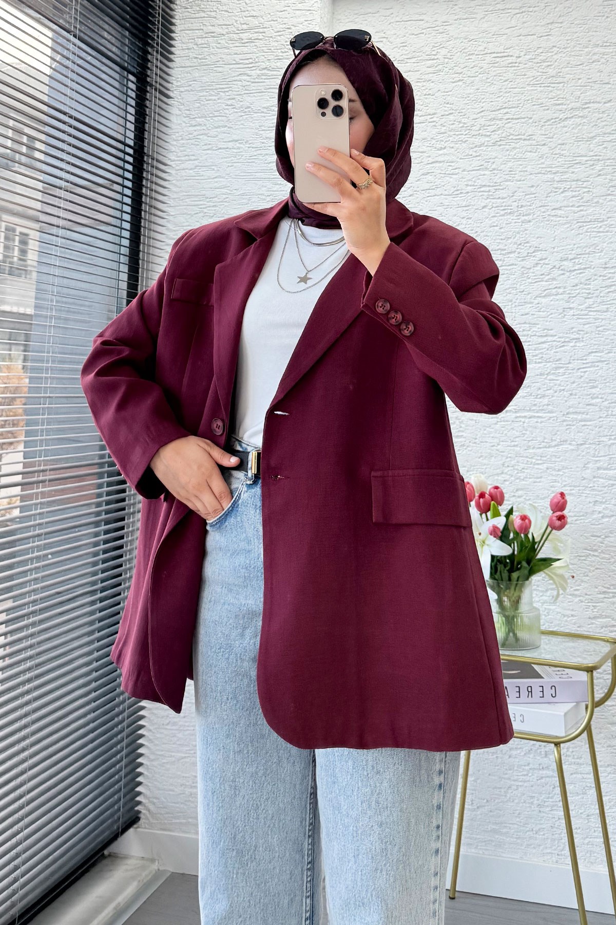 İki Düğmeli Keten Blazer Kadın Ceket - Bordo