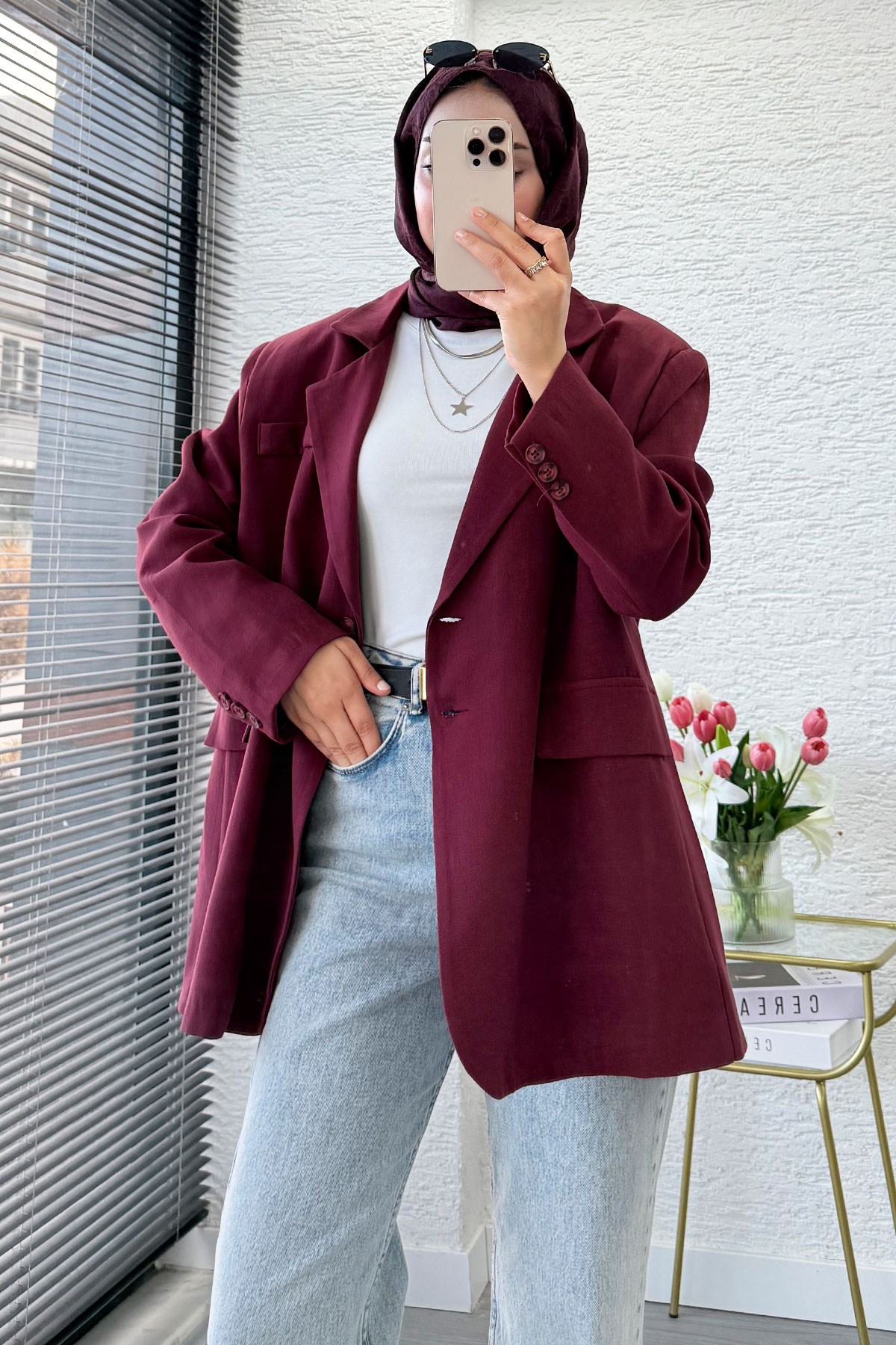 İki Düğmeli Keten Blazer Kadın Ceket - Bordo