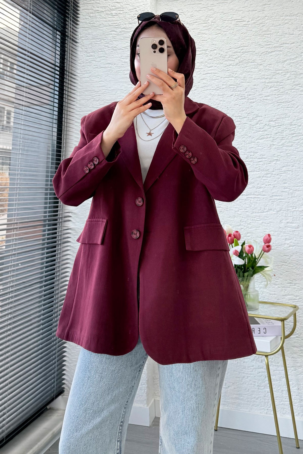 İki Düğmeli Keten Blazer Kadın Ceket - Bordo