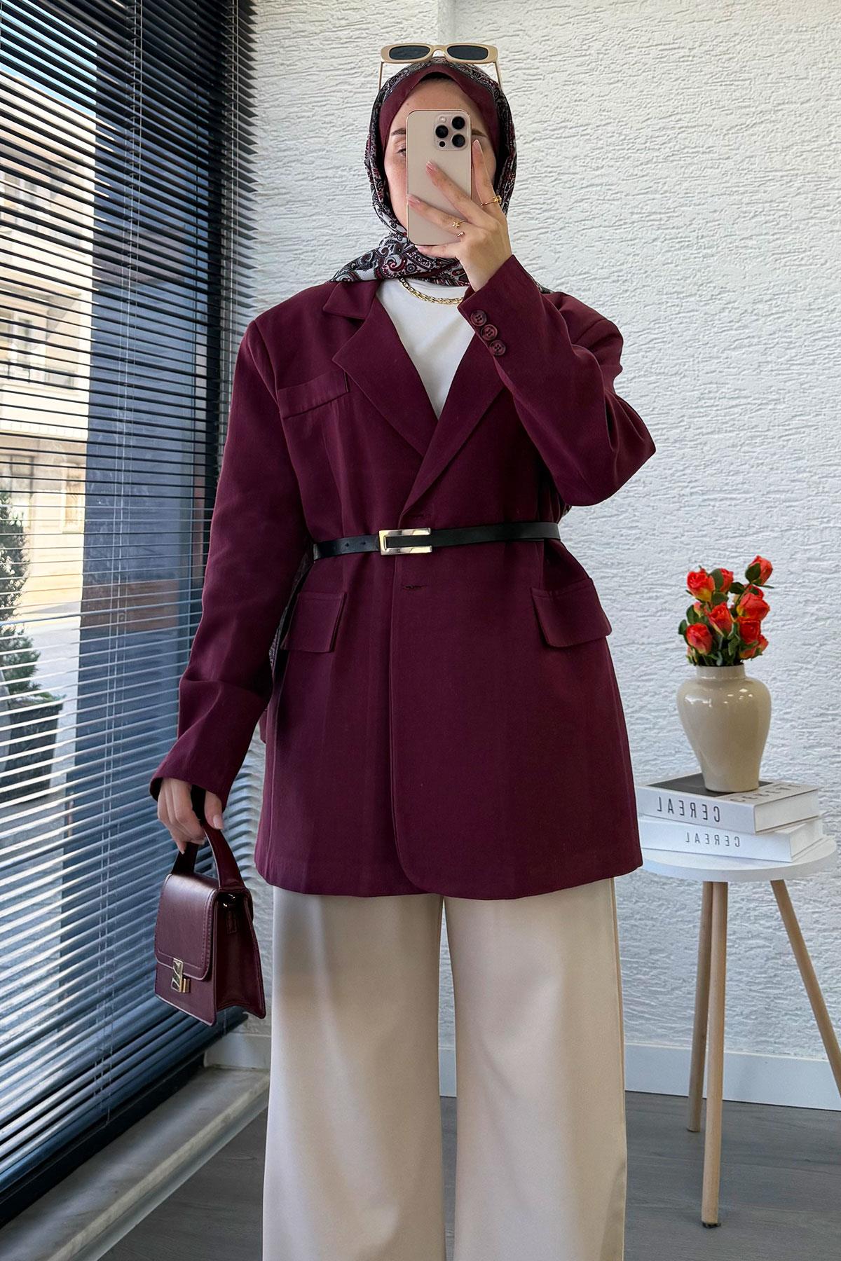 İki Düğmeli Keten Blazer Kadın Ceket - Bordo
