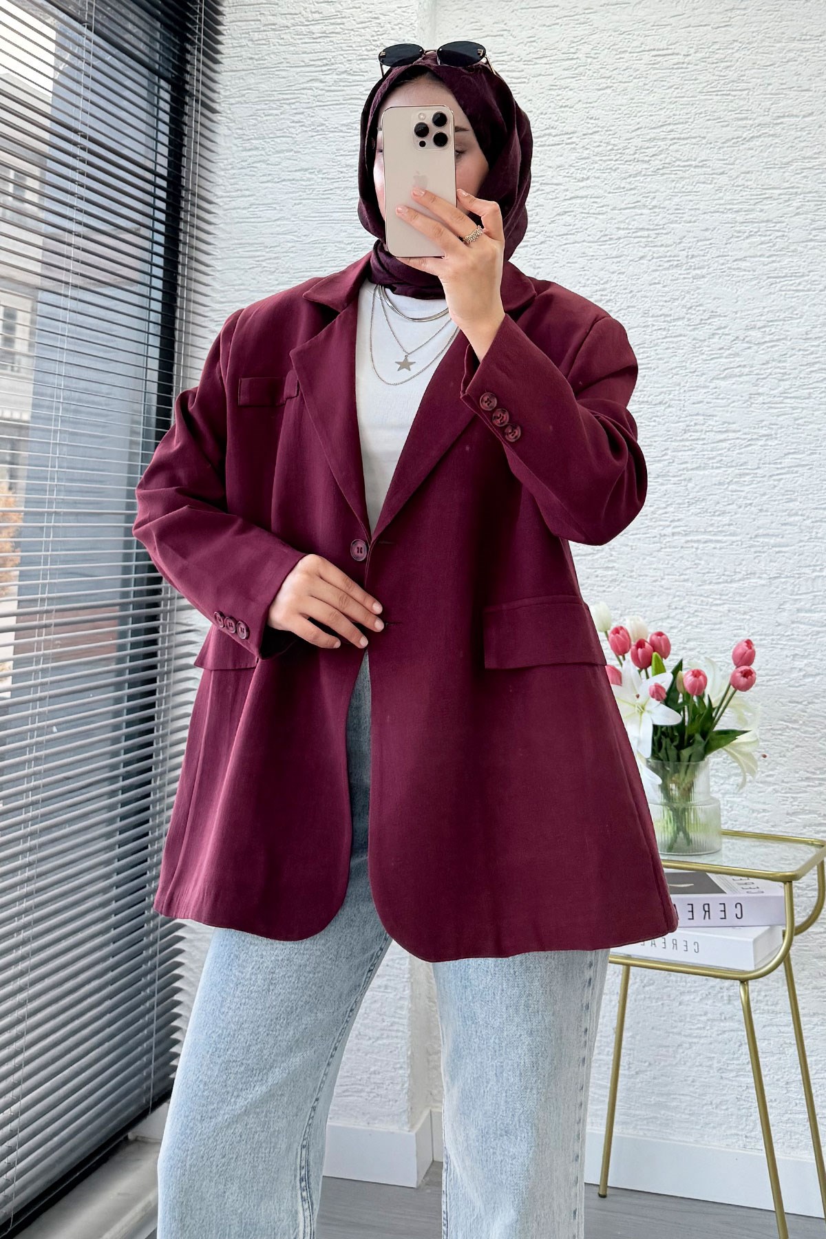 İki Düğmeli Keten Blazer Kadın Ceket - Bordo