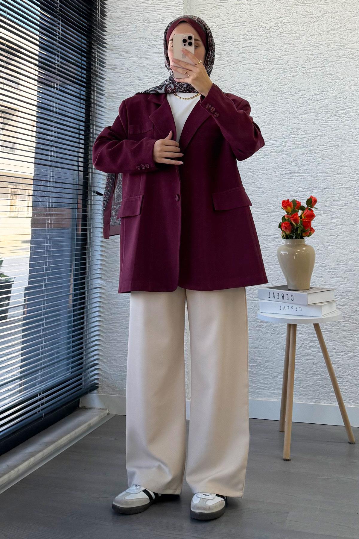 İki Düğmeli Keten Blazer Kadın Ceket - Bordo