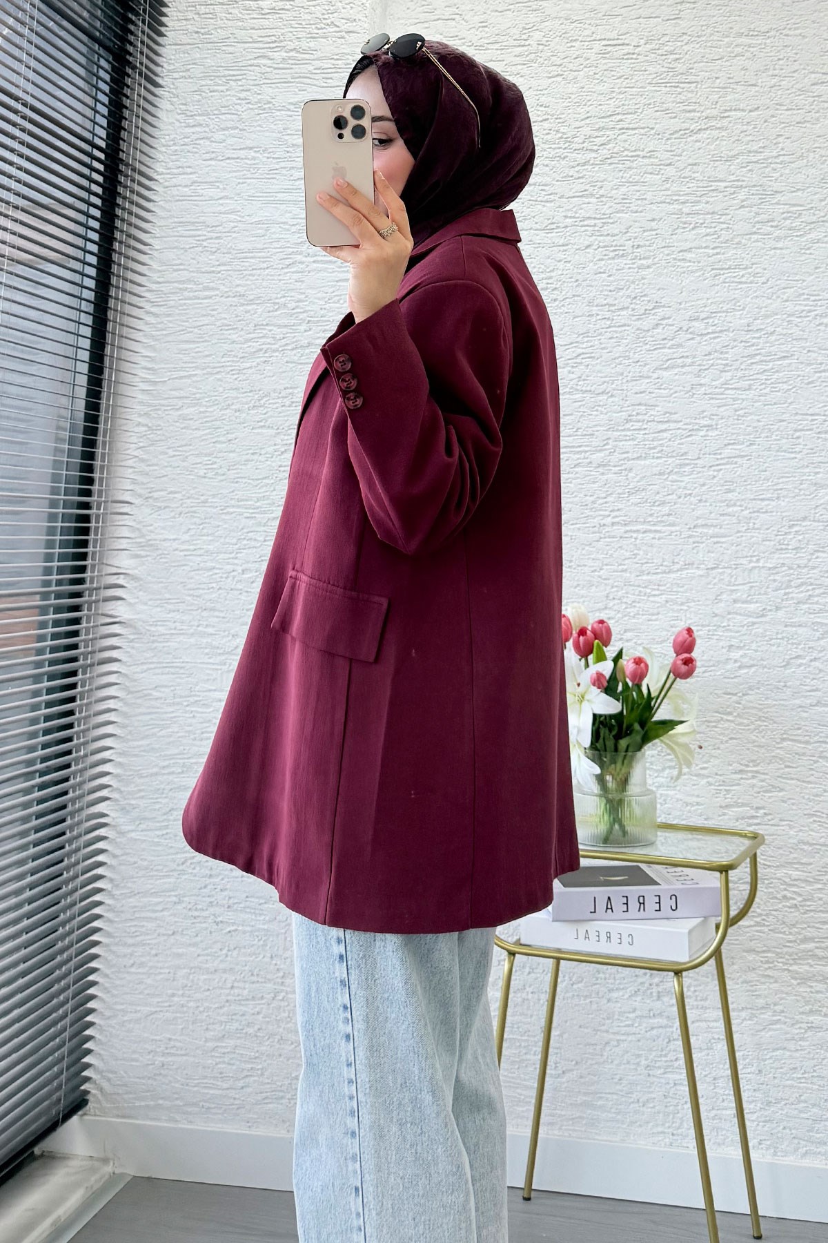 İki Düğmeli Keten Blazer Kadın Ceket - Bordo