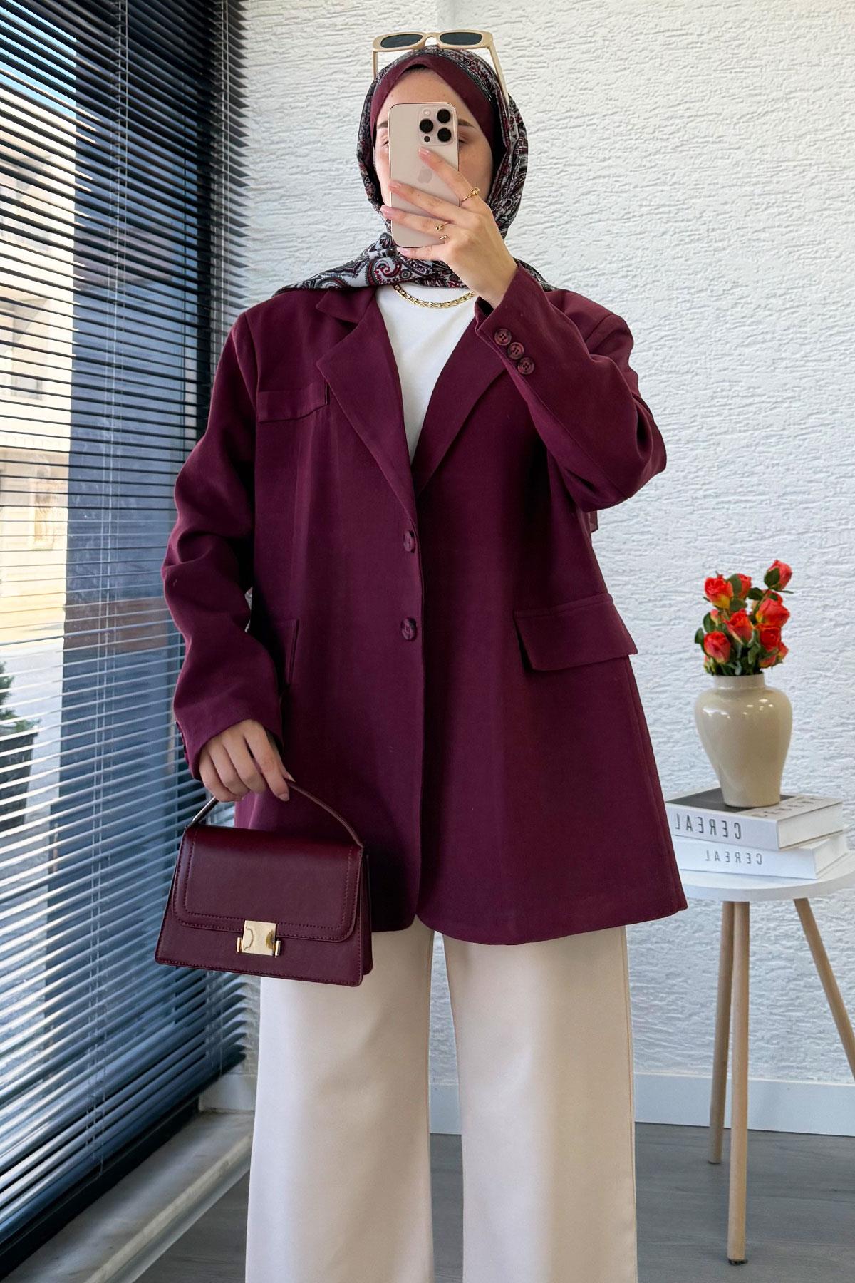 İki Düğmeli Keten Blazer Kadın Ceket - Bordo