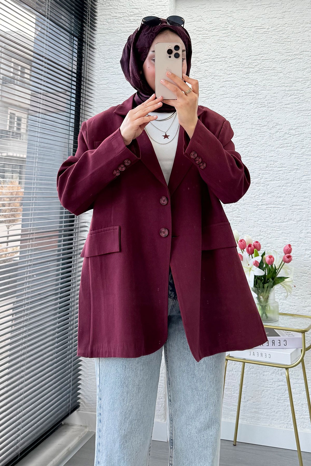 İki Düğmeli Keten Blazer Kadın Ceket - Bordo