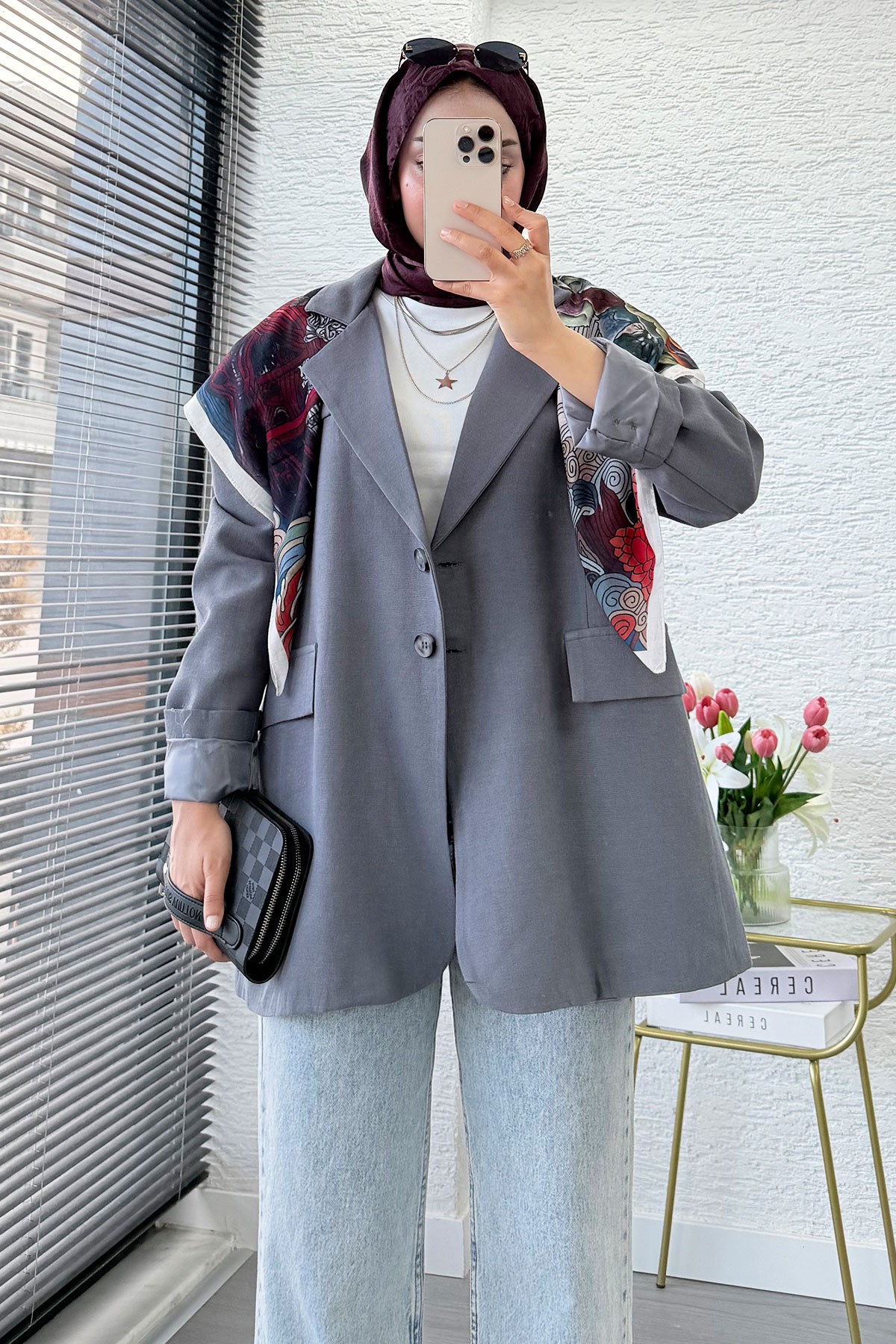 İki Düğmeli Keten Blazer Kadın Ceket - Gri