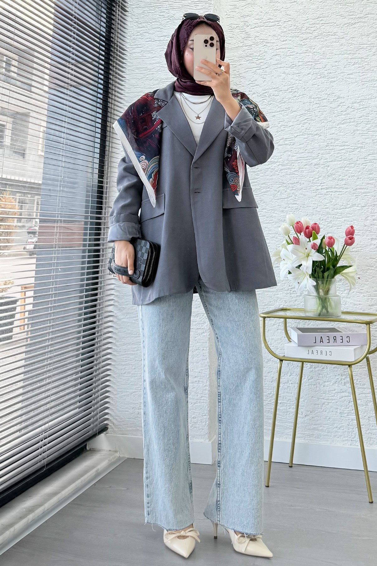 İki Düğmeli Keten Blazer Kadın Ceket - Gri
