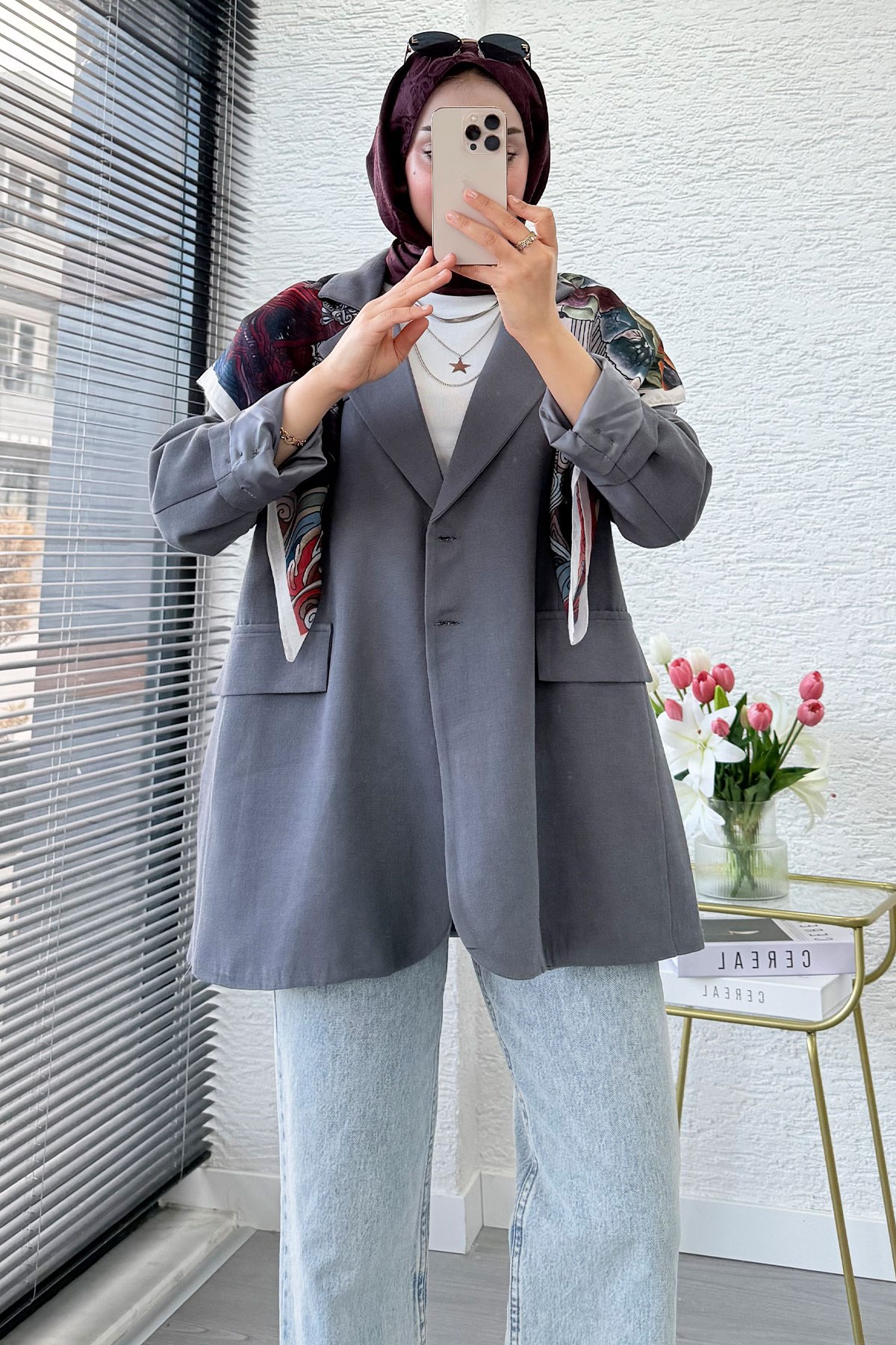 İki Düğmeli Keten Blazer Kadın Ceket - Gri