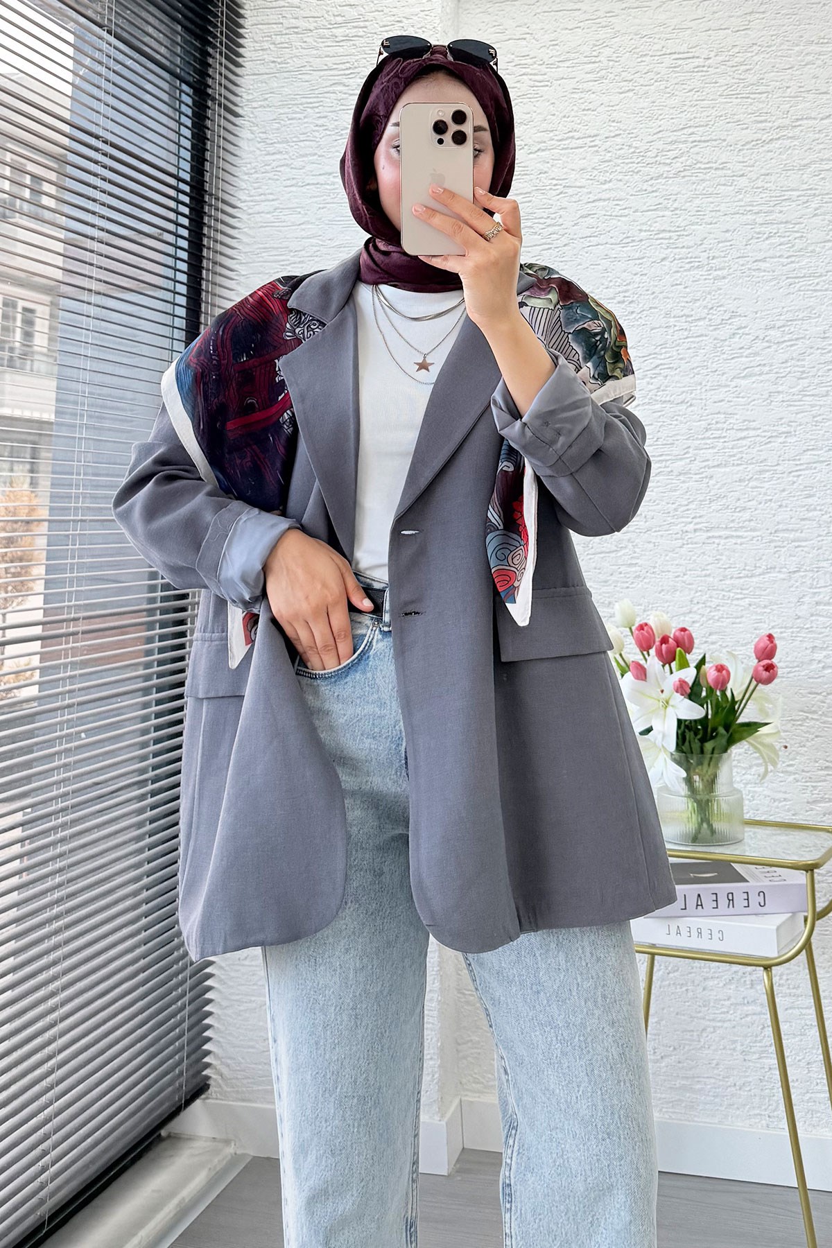 İki Düğmeli Keten Blazer Kadın Ceket - Gri