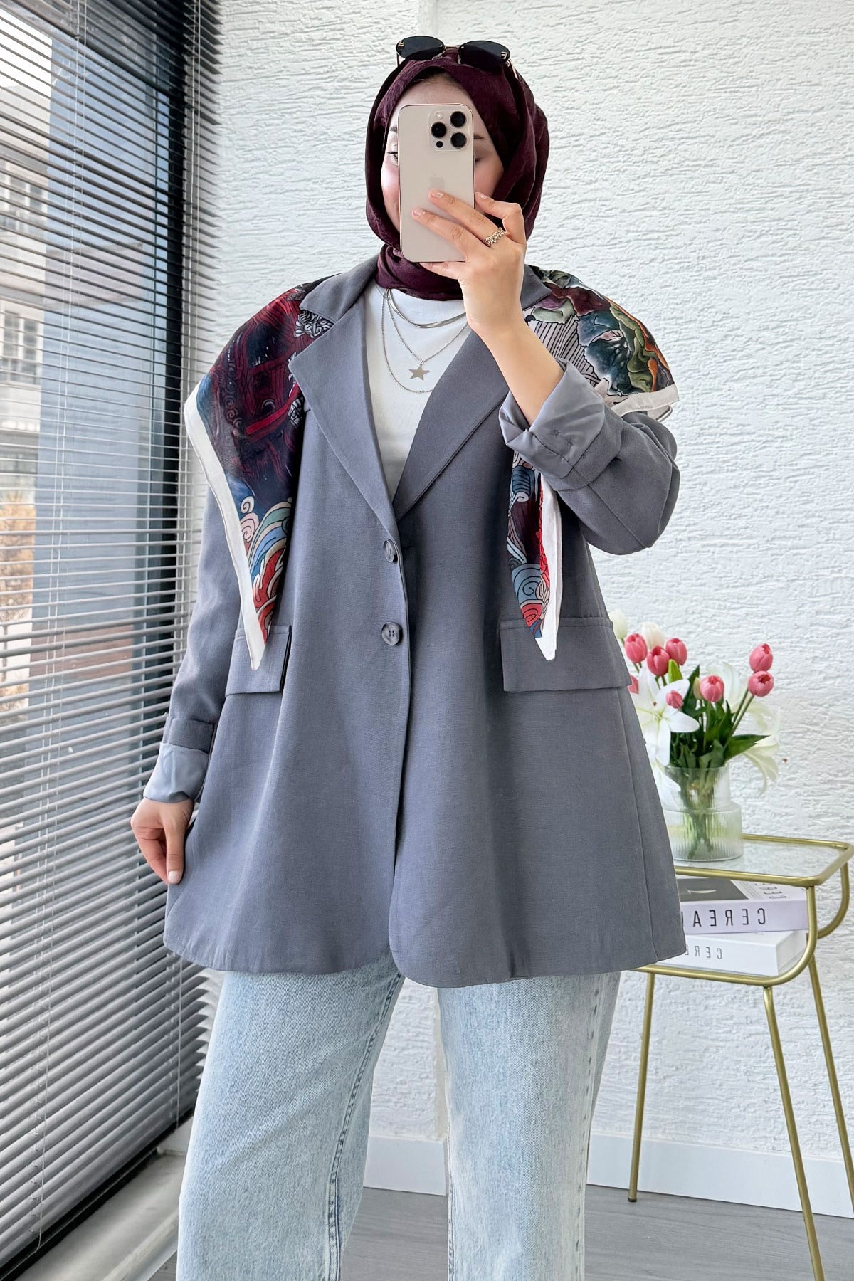 İki Düğmeli Keten Blazer Kadın Ceket - Gri