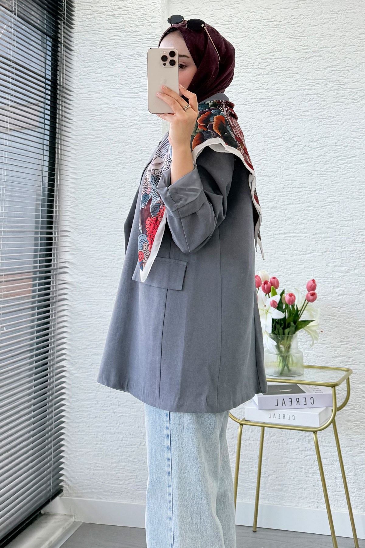 İki Düğmeli Keten Blazer Kadın Ceket - Gri
