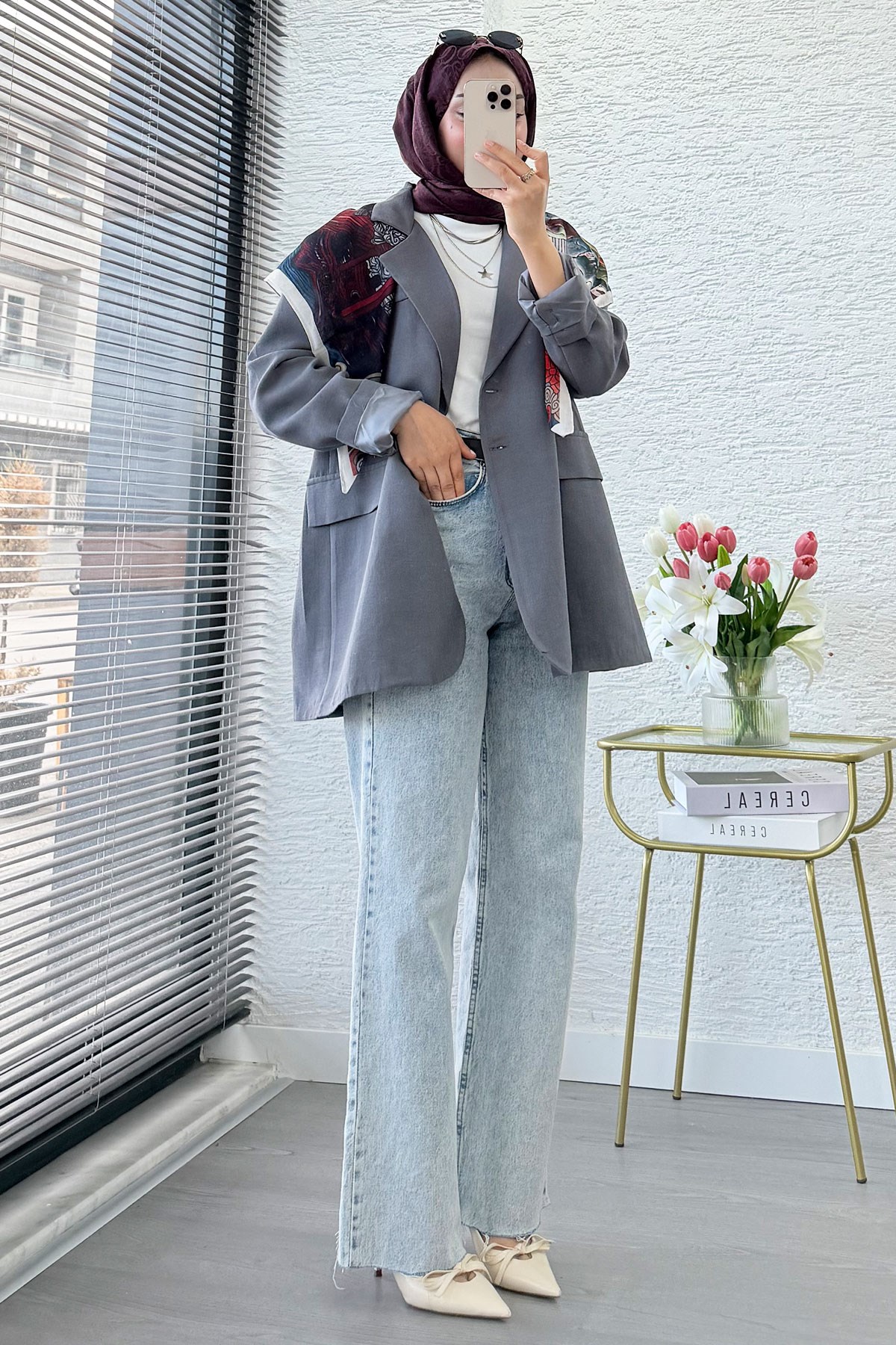 İki Düğmeli Keten Blazer Kadın Ceket - Gri