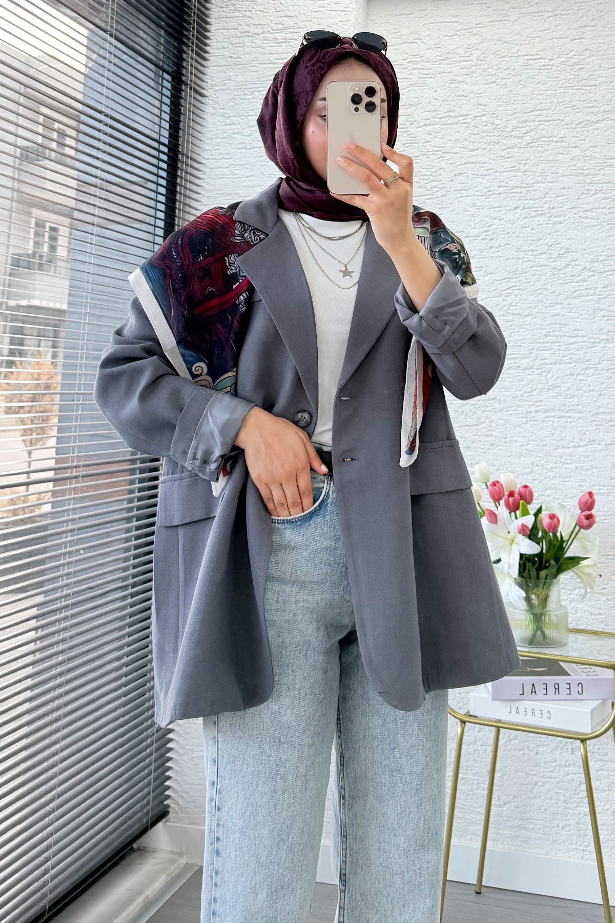 İki Düğmeli Keten Blazer Kadın Ceket - Gri
