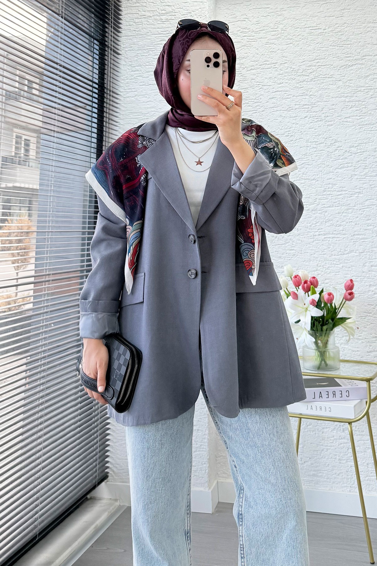 İki Düğmeli Keten Blazer Kadın Ceket - Gri