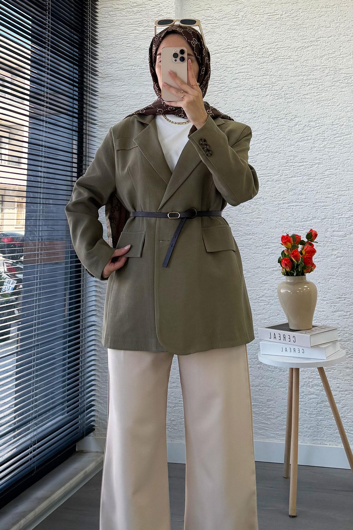 İki Düğmeli Keten Blazer Kadın Ceket - Haki