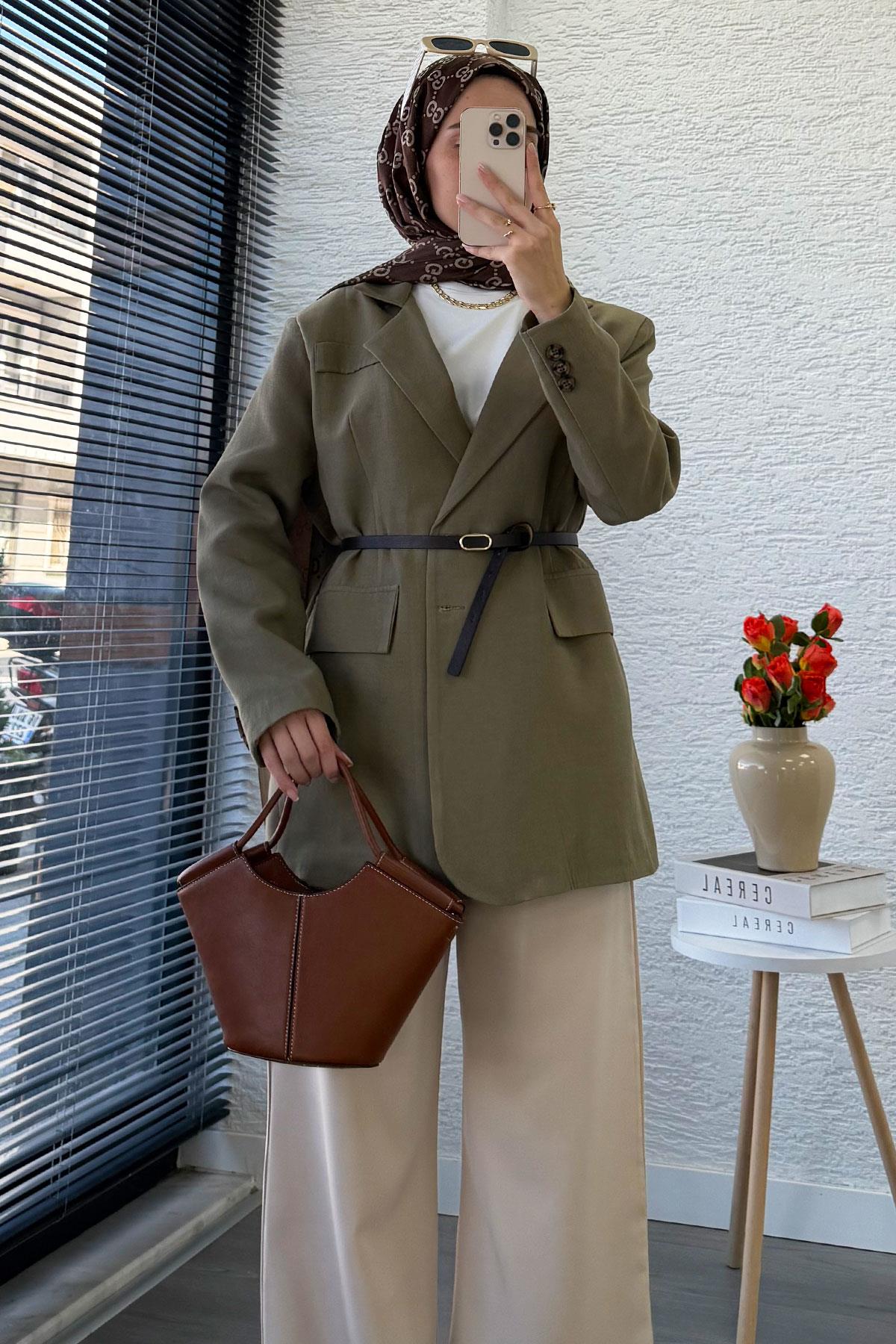 İki Düğmeli Keten Blazer Kadın Ceket - Haki