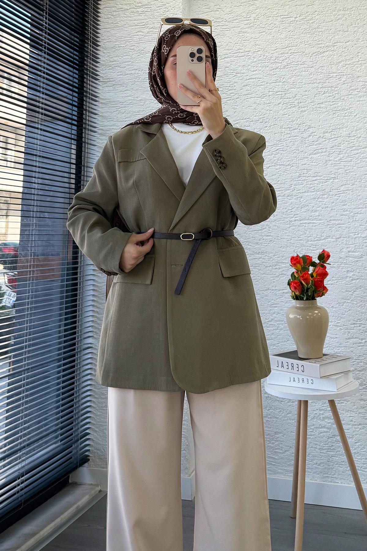 İki Düğmeli Keten Blazer Kadın Ceket - Haki
