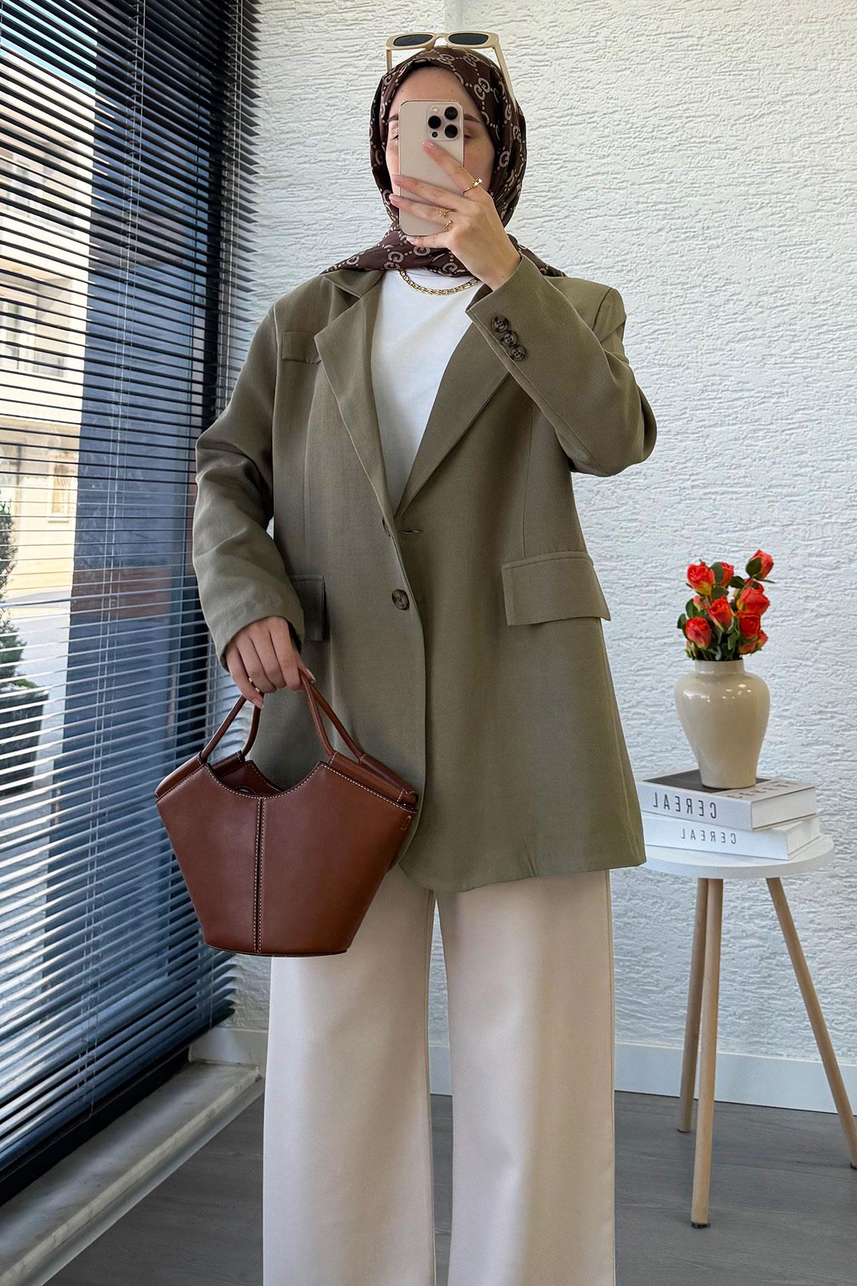 İki Düğmeli Keten Blazer Kadın Ceket - Haki