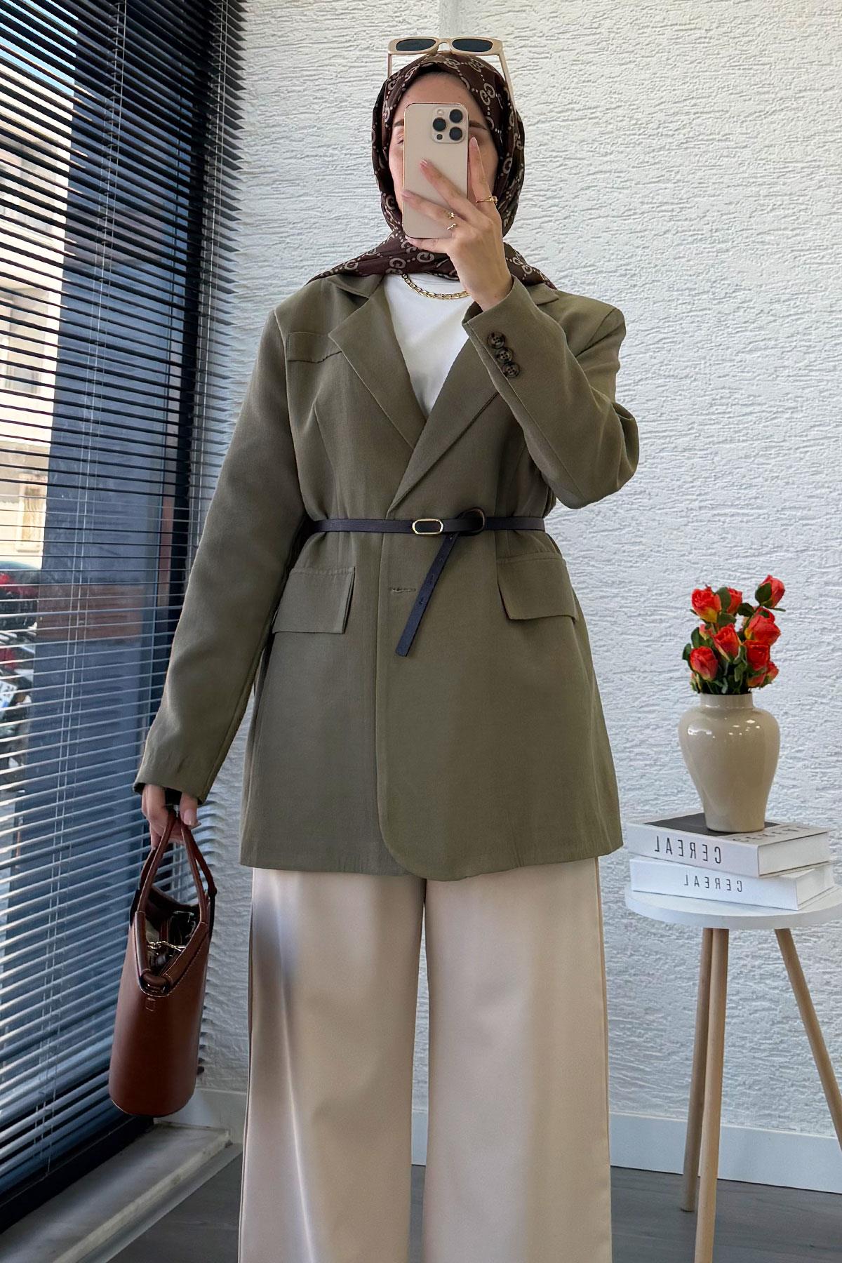 İki Düğmeli Keten Blazer Kadın Ceket - Haki