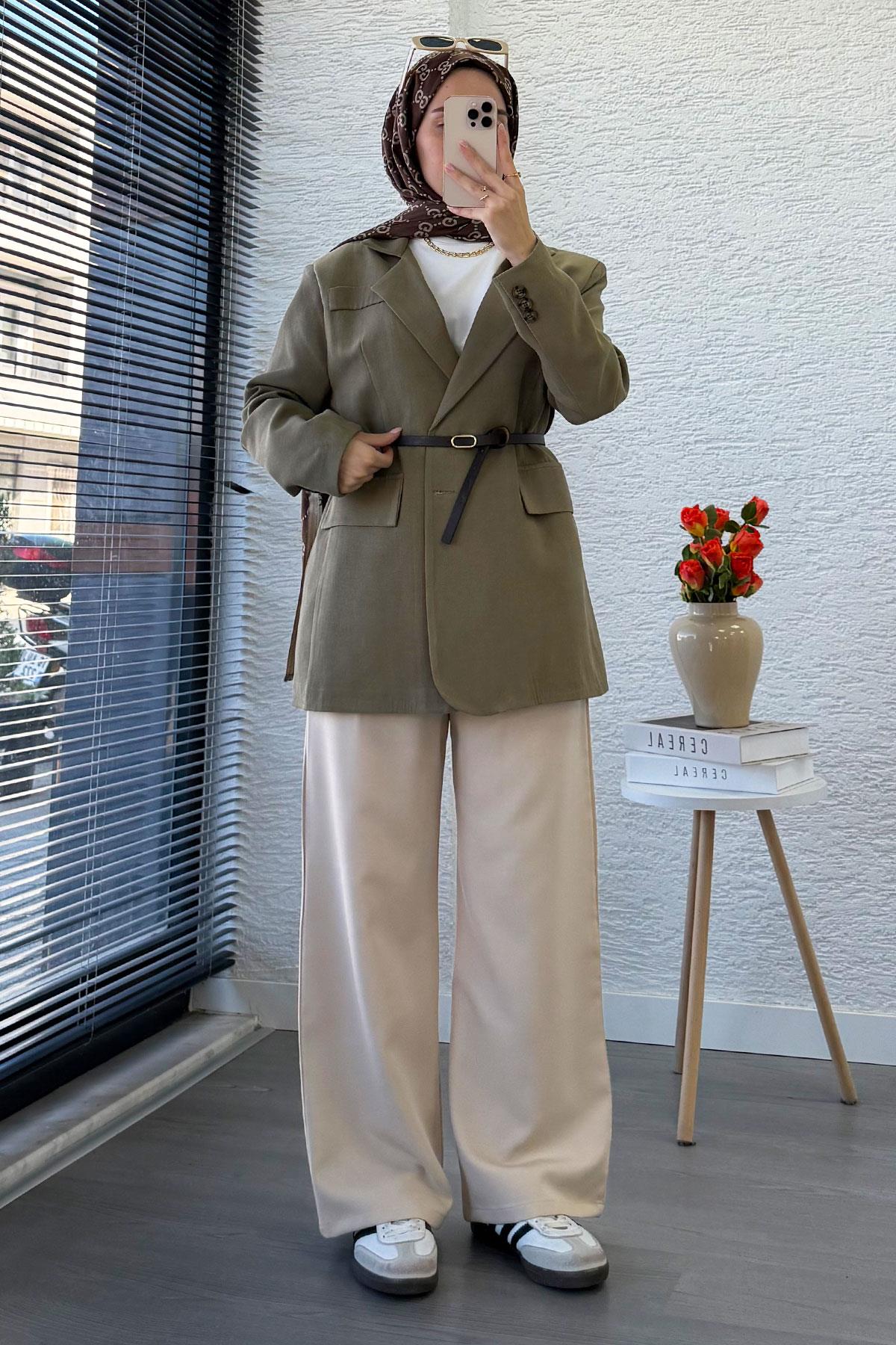İki Düğmeli Keten Blazer Kadın Ceket - Haki