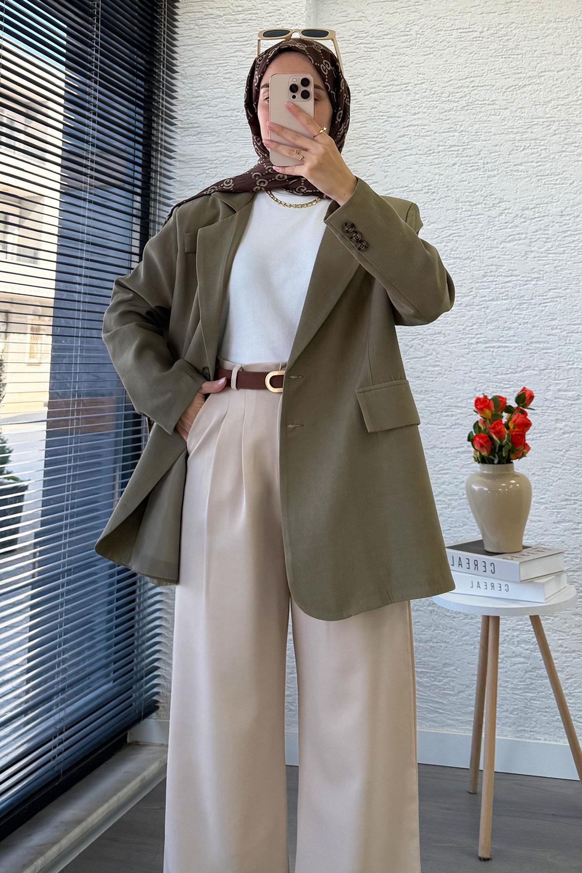 İki Düğmeli Keten Blazer Kadın Ceket - Haki