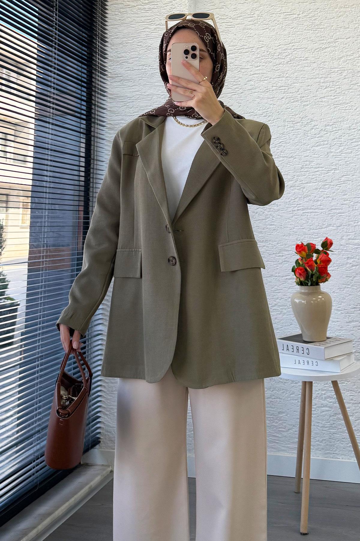 İki Düğmeli Keten Blazer Kadın Ceket - Haki