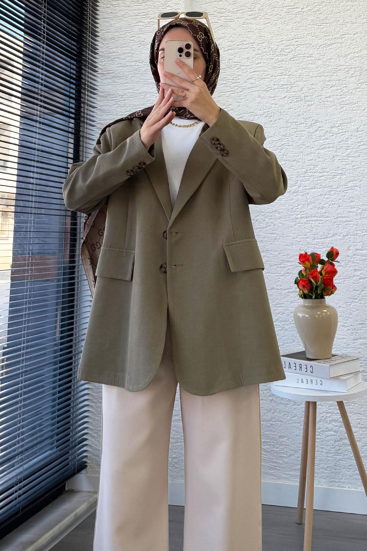 İki Düğmeli Keten Blazer Kadın Ceket - Haki