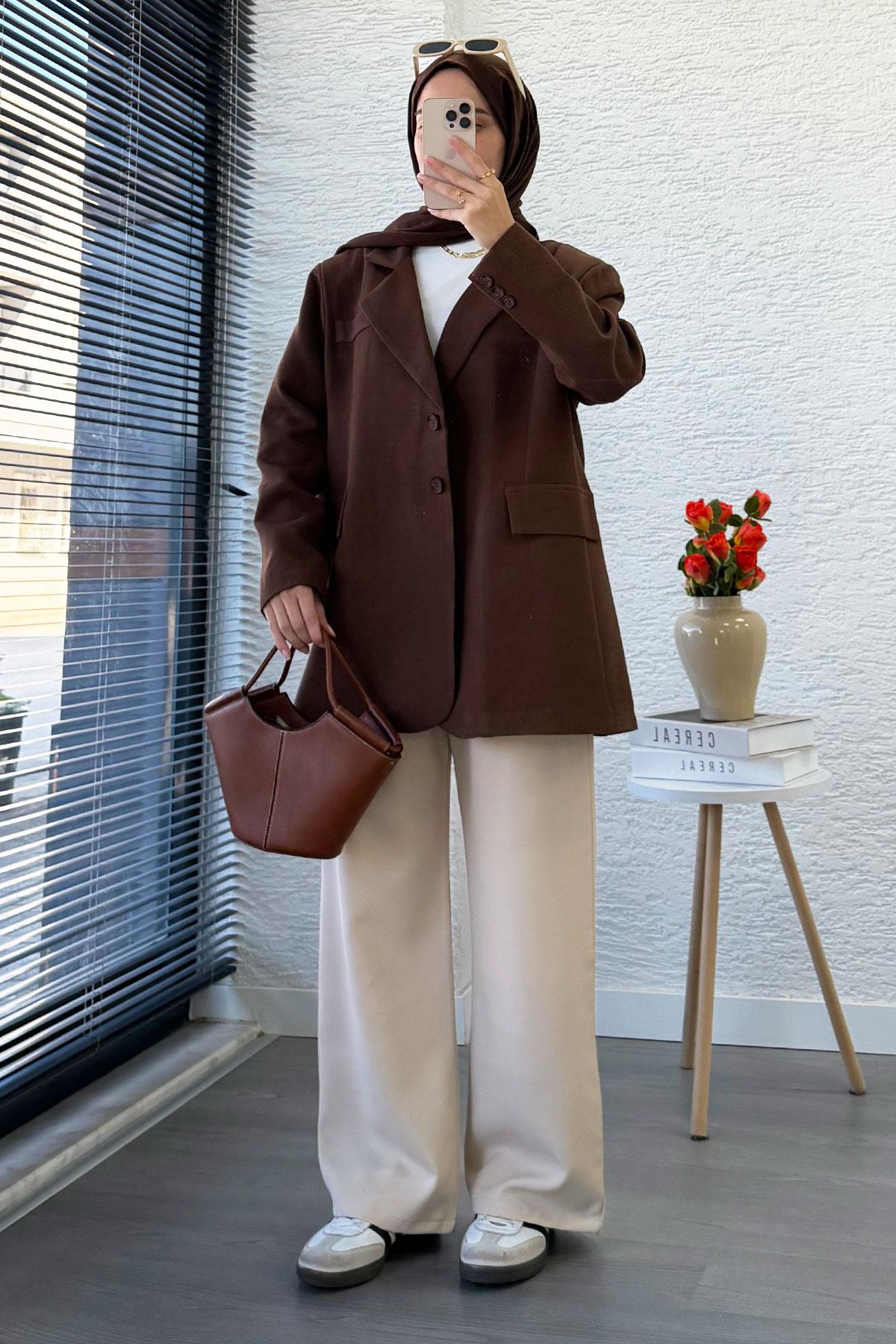 İki Düğmeli Keten Blazer Kadın Ceket - Kahverengi