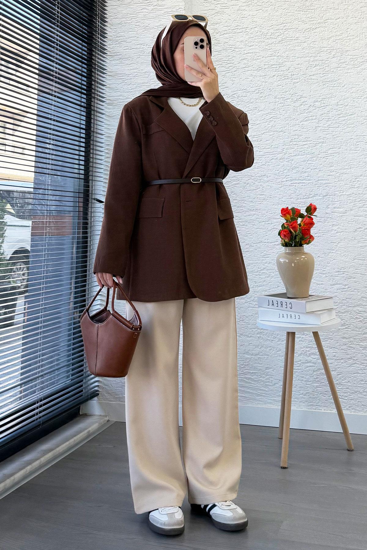 İki Düğmeli Keten Blazer Kadın Ceket - Kahverengi