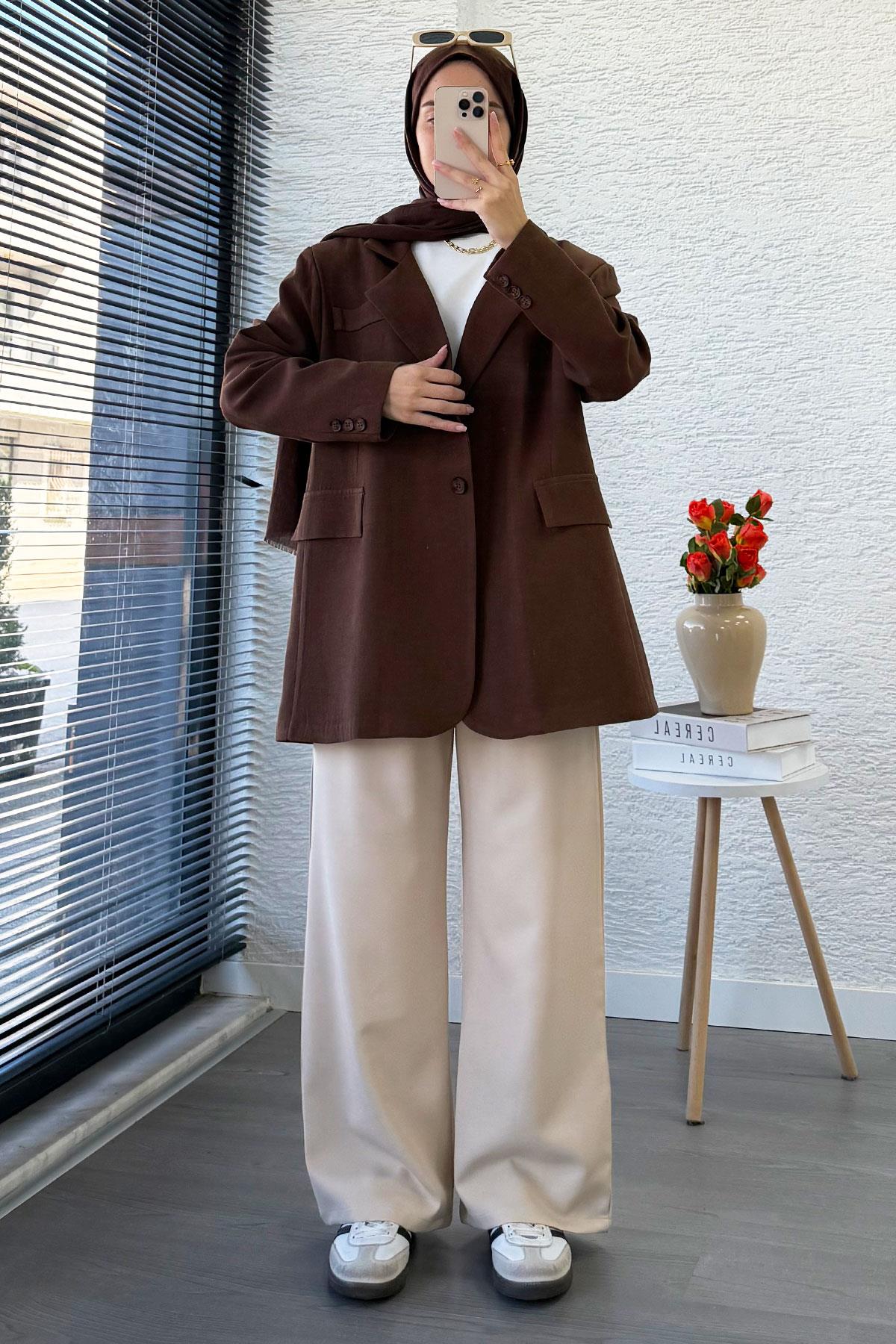 İki Düğmeli Keten Blazer Kadın Ceket - Kahverengi