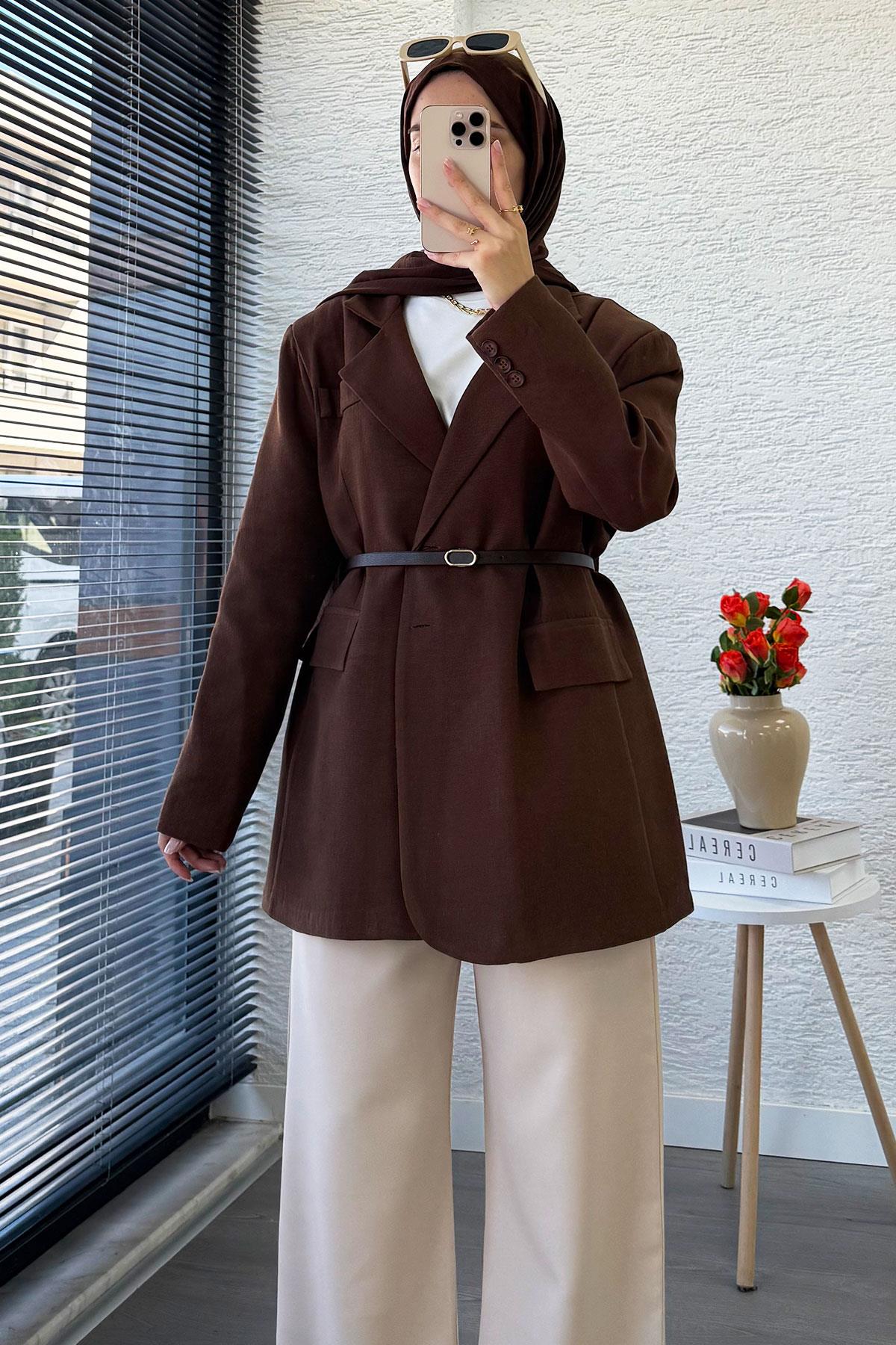 İki Düğmeli Keten Blazer Kadın Ceket - Kahverengi
