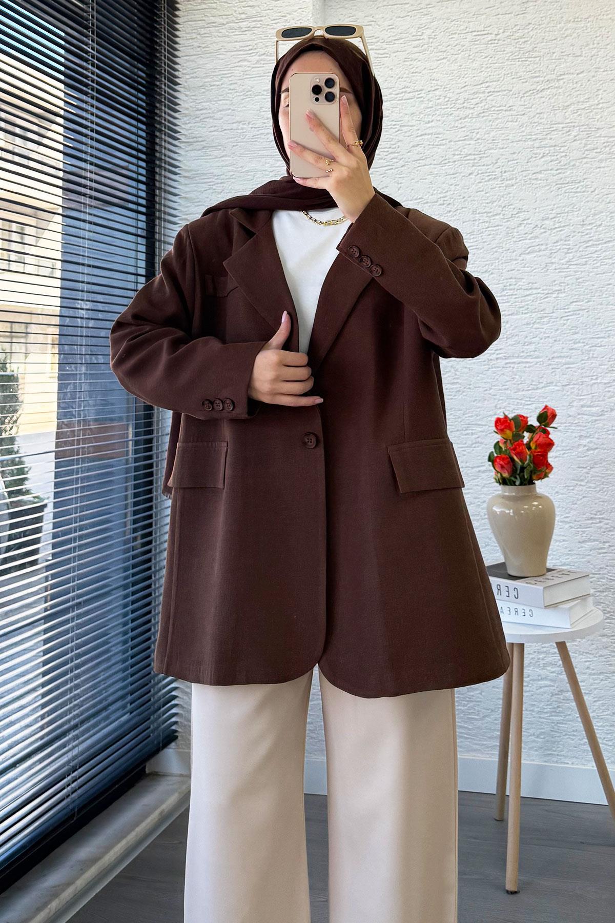İki Düğmeli Keten Blazer Kadın Ceket - Kahverengi