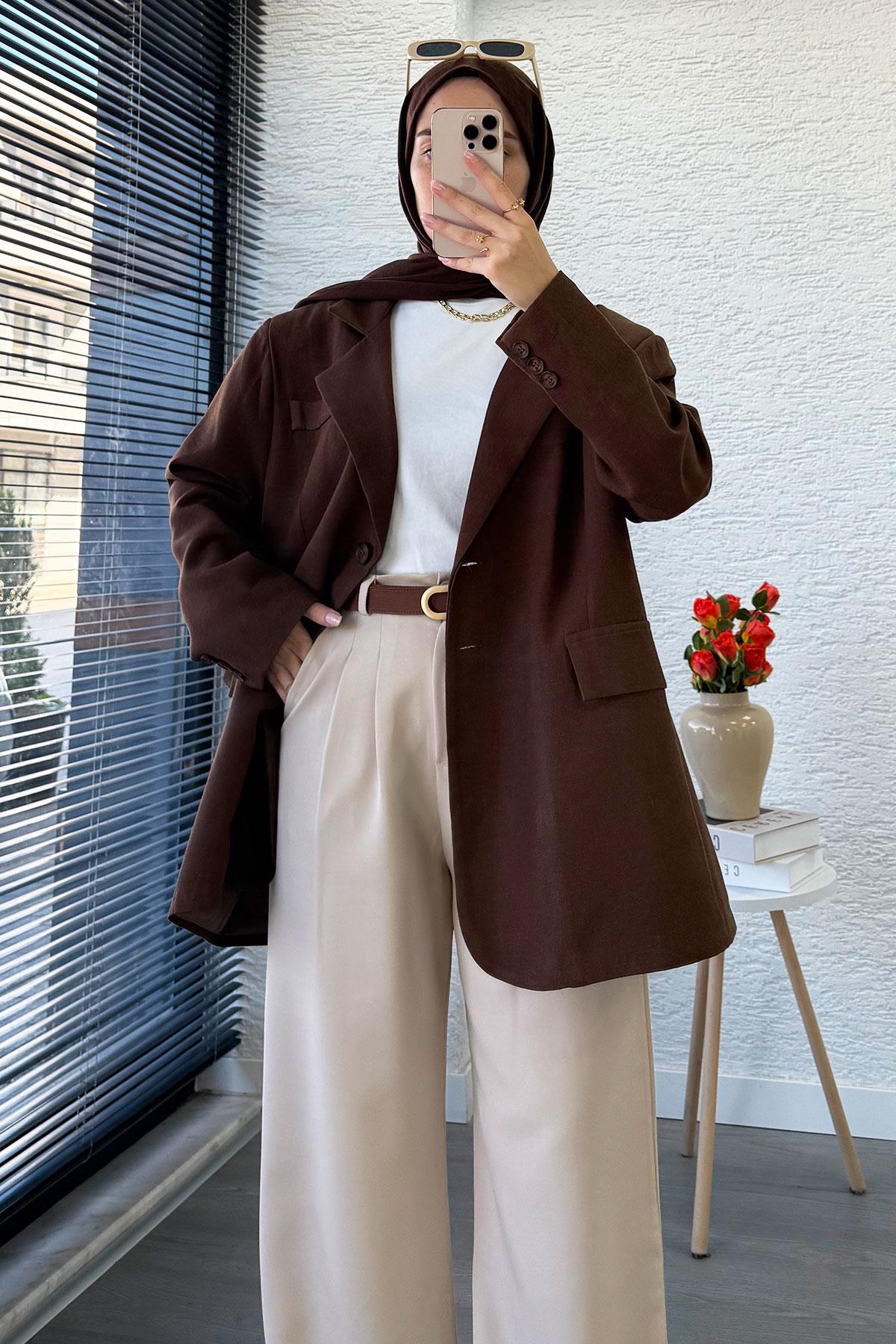 İki Düğmeli Keten Blazer Kadın Ceket - Kahverengi