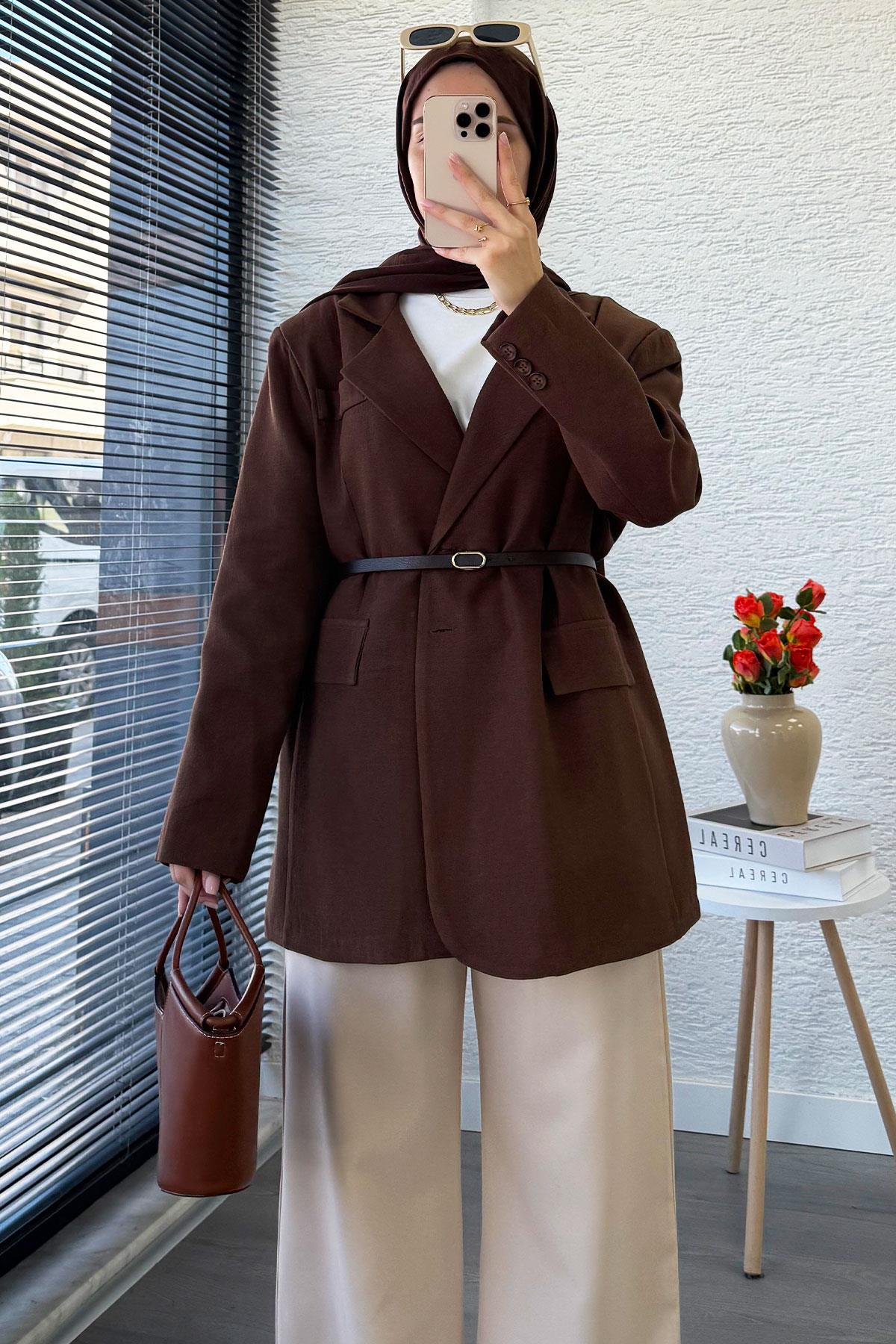 İki Düğmeli Keten Blazer Kadın Ceket - Kahverengi
