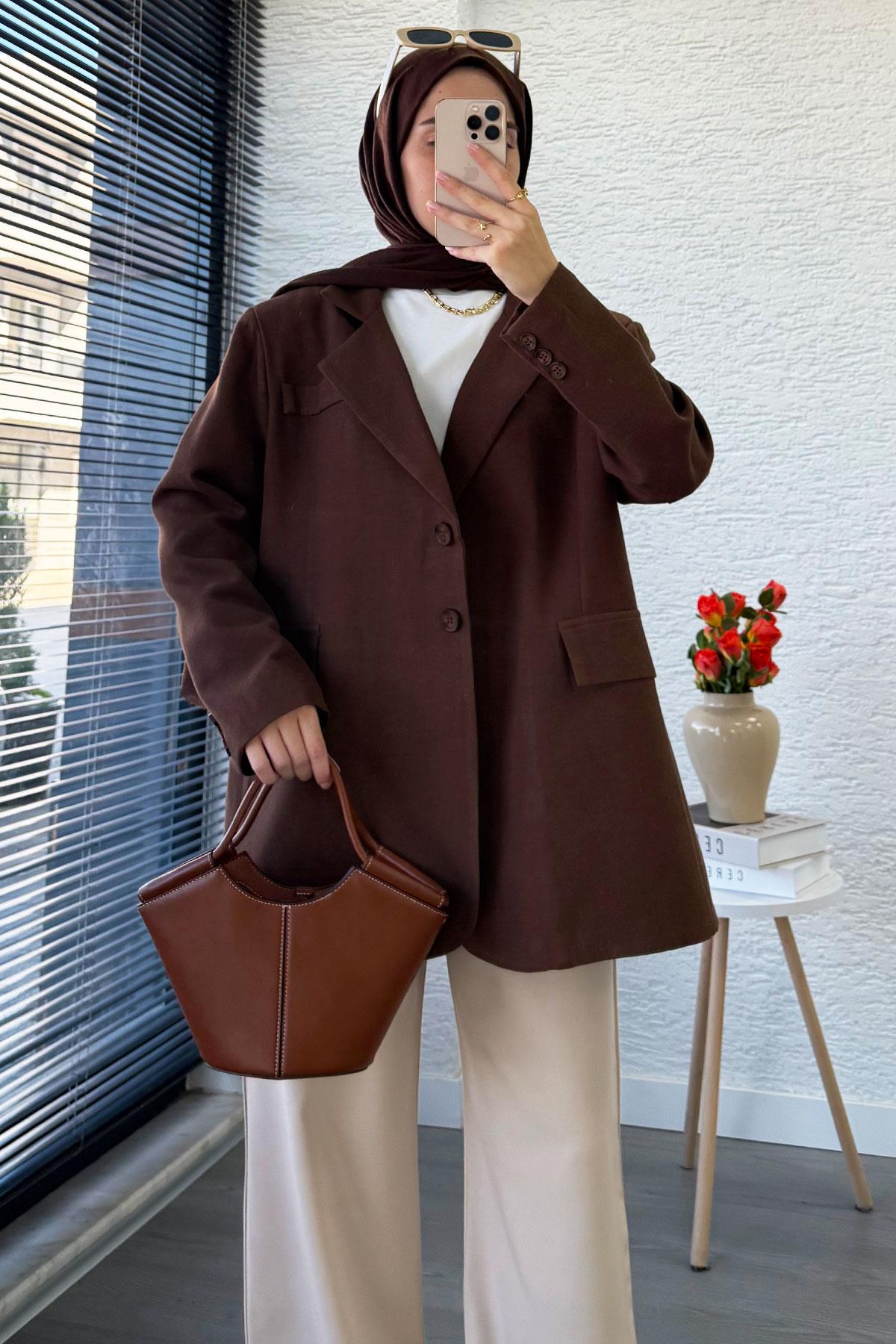 İki Düğmeli Keten Blazer Kadın Ceket - Kahverengi