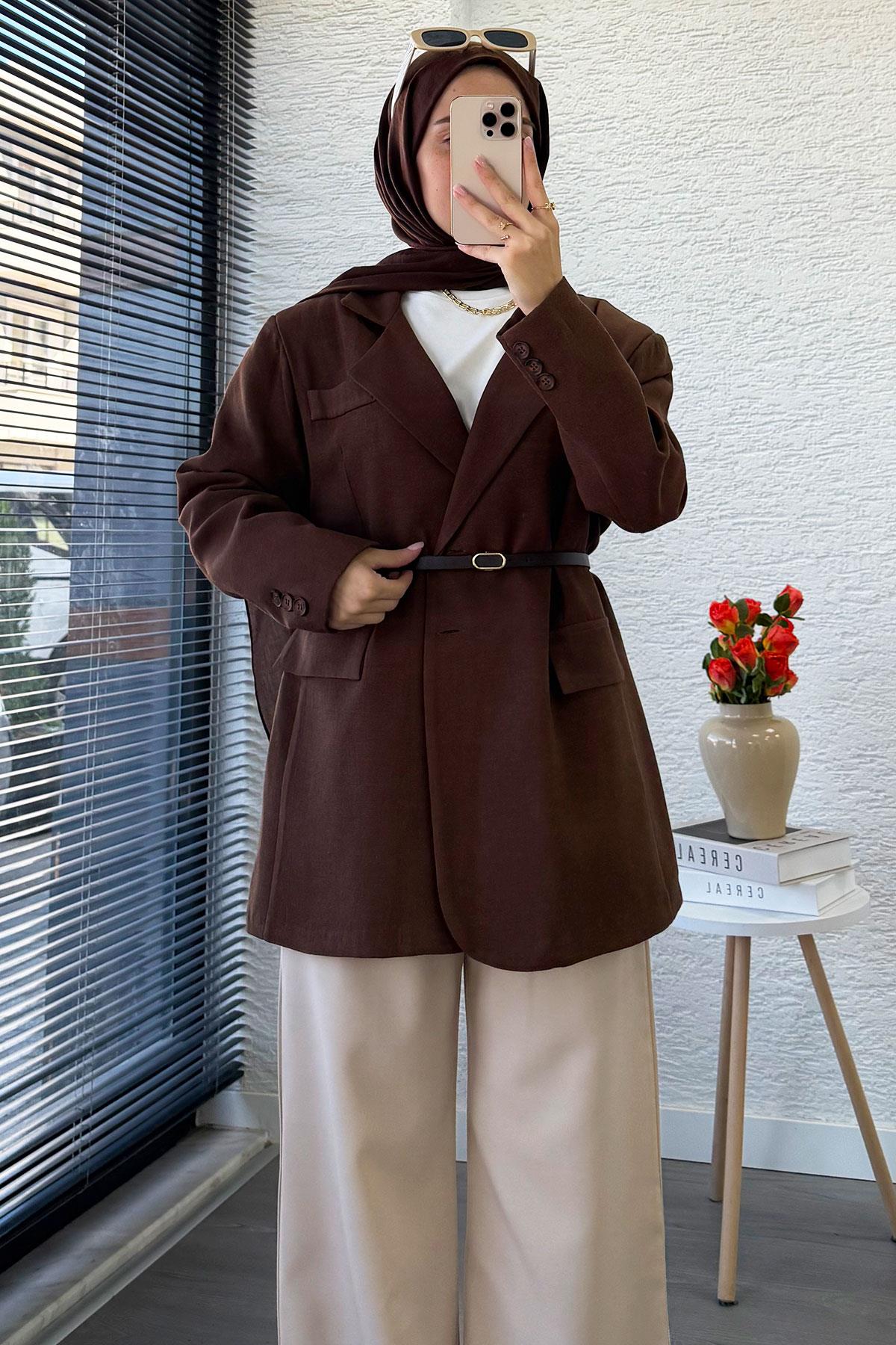 İki Düğmeli Keten Blazer Kadın Ceket - Kahverengi