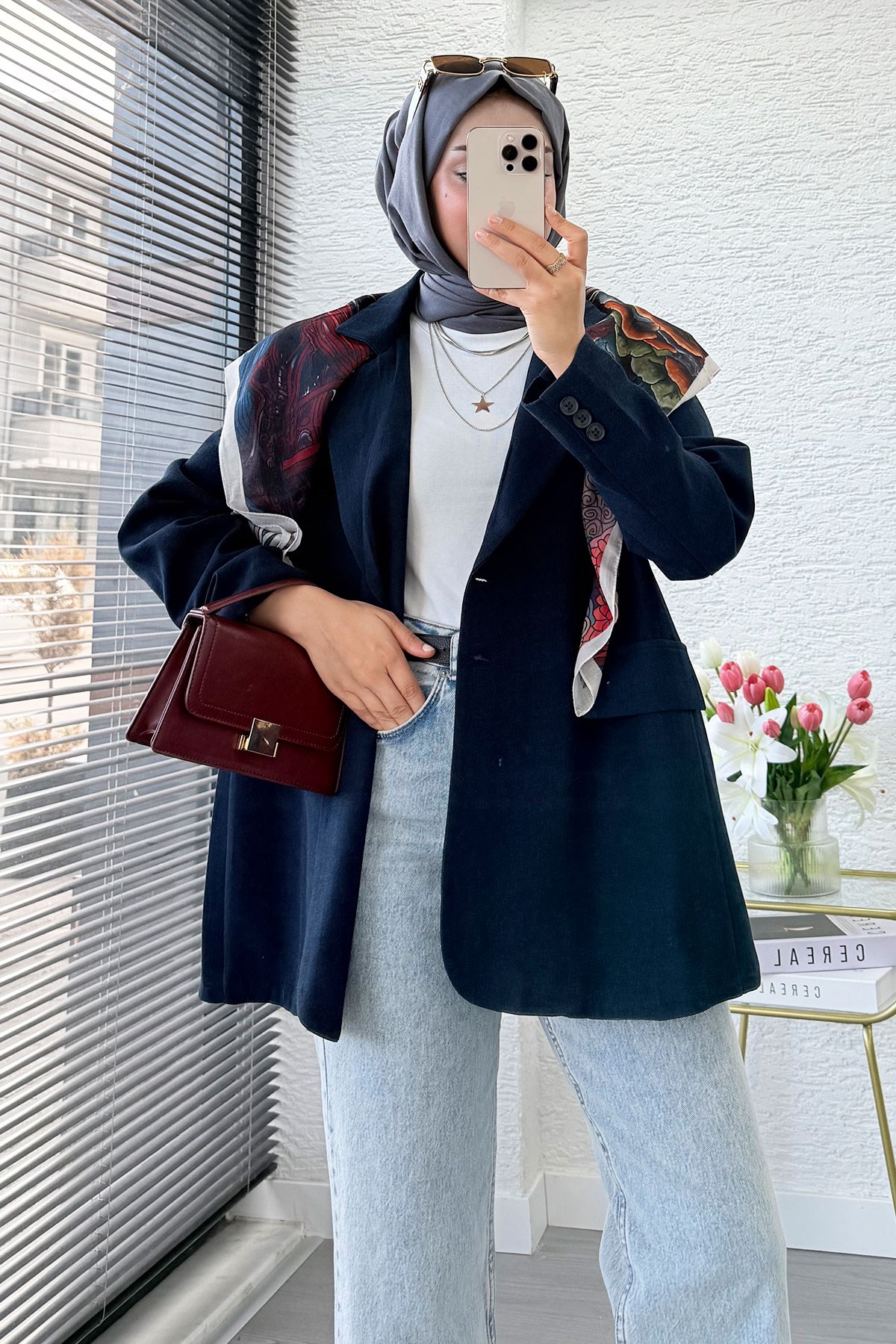 İki Düğmeli Keten Blazer Kadın Ceket - Lacivert